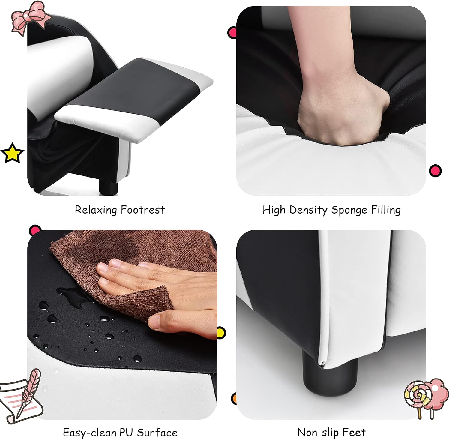 ARLIME Kids Recliner, PU Leather Kid Lounge Chair w/Footrest, Armrest, Headrest & Lumbar Support, Adjustable Gaming Toddler Sofa Armchair for Boys Girls (White)