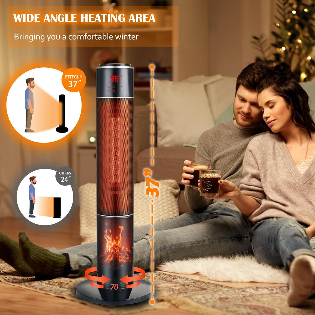 Portable Electric Space Heater for Large Room 37' Ceramic Tower Heater with 3D Flame for Room Heating,Oscillating,Remote Control,Tipover &overheating protection for Indoor Use(Black-I)