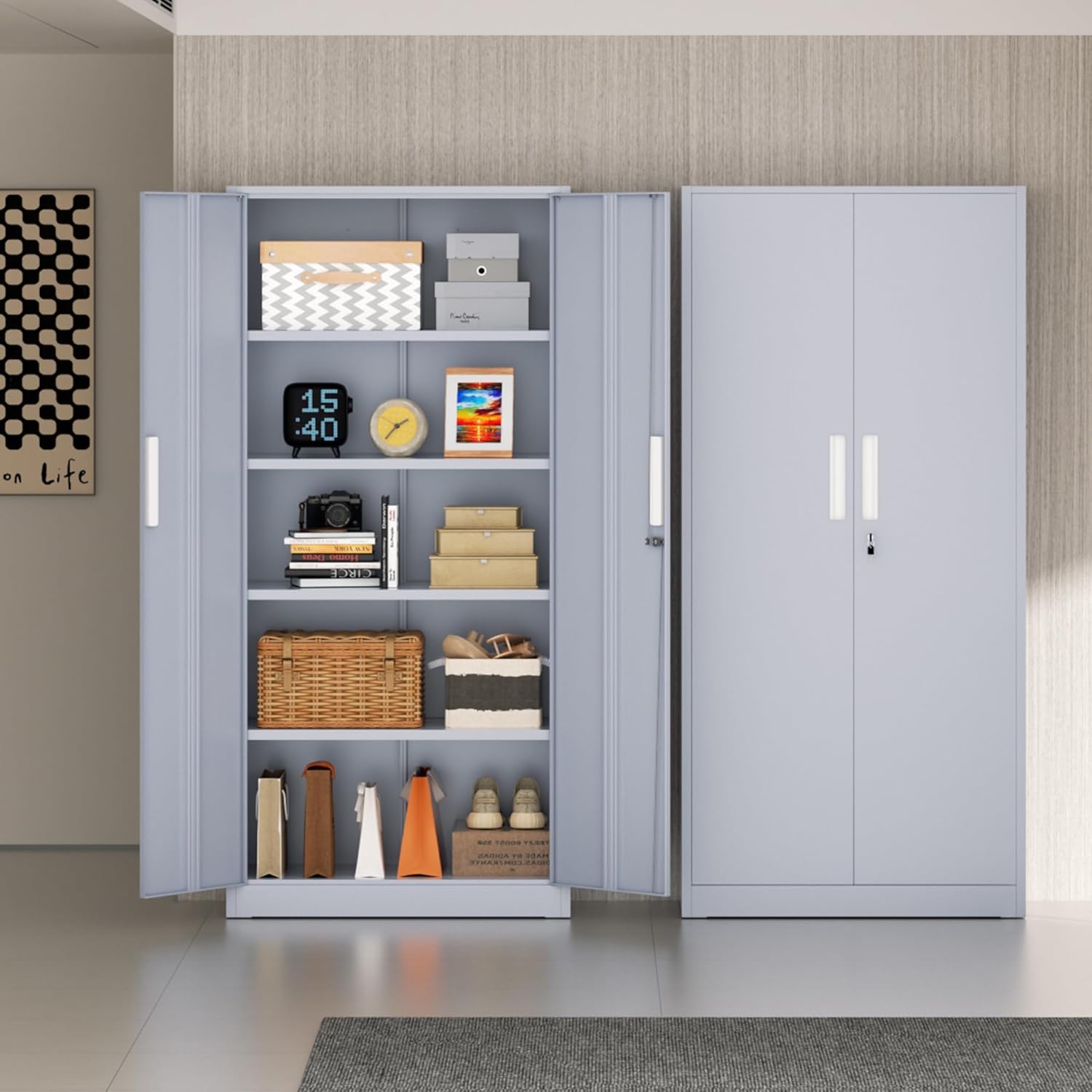 Incbruce 72' Metal Storage Cabinet, Locking Steel Storage Cabinet with 2 Doors and 4 Adjustable Shelves, Tall Lockable Tool for Garage, Home, Office (Cement Grey)
