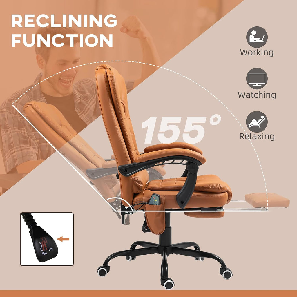 Vinsetto 7-Point Vibrating Massage Office Chair, High Back Computer Chair with Lumbar Support, Footrest, Reclining Back, Adjustable Height, Light Brown