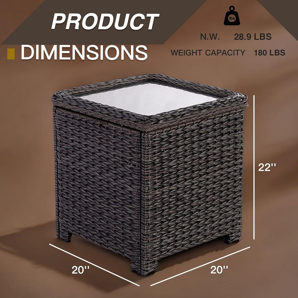 Classic Outdoor Storage Side Table, Weather-Resistant HDPE Rattan Wicker Patio Coffee Table w/Tempered Glass Flip Top for Porch Pool, Dark Brown
