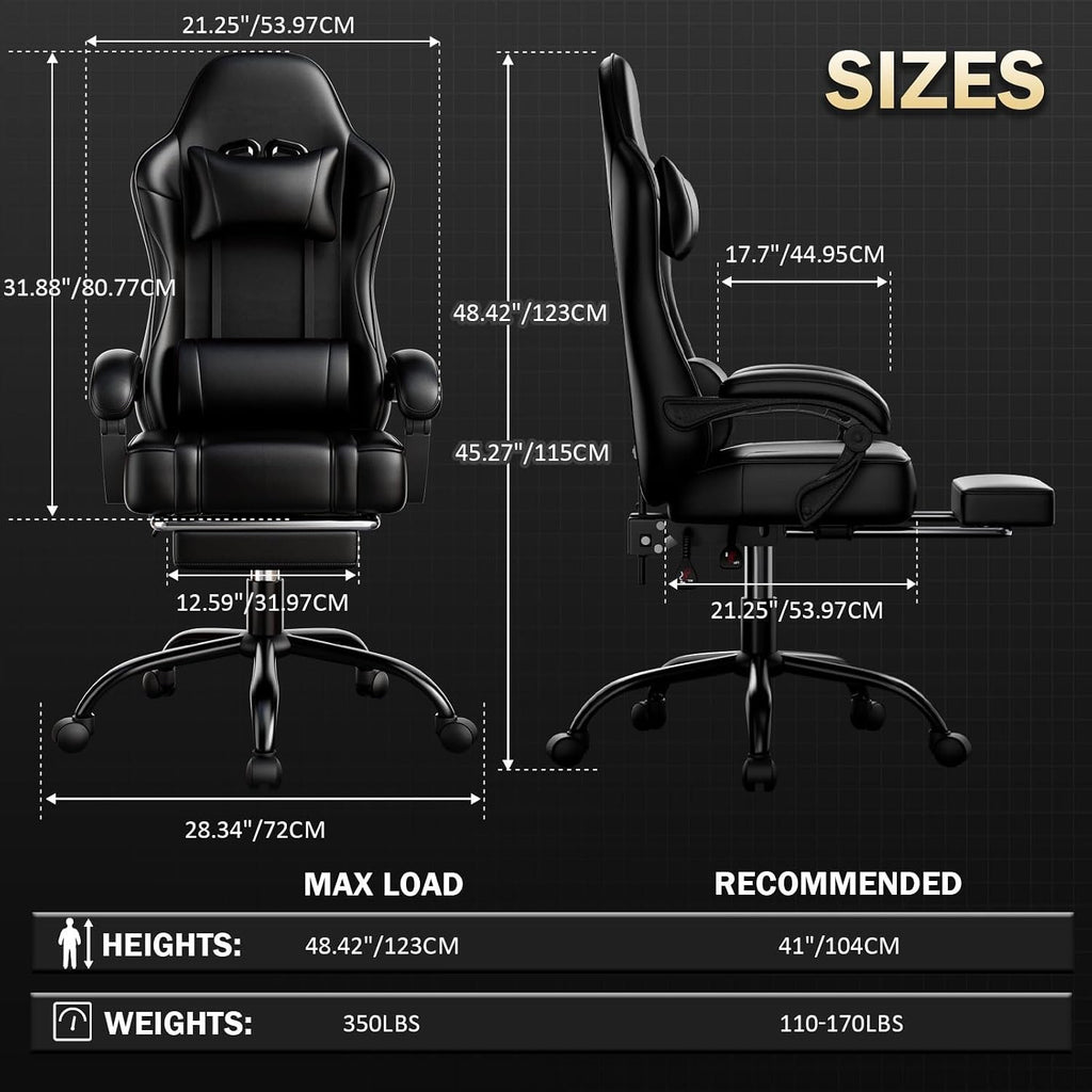 Ergonomic Gaming Chair, Video Game Chair with Pocket Spring Cushion and Footrest, Height Adjustable Computer Chair with Swivel Seat and Headrest (Black)