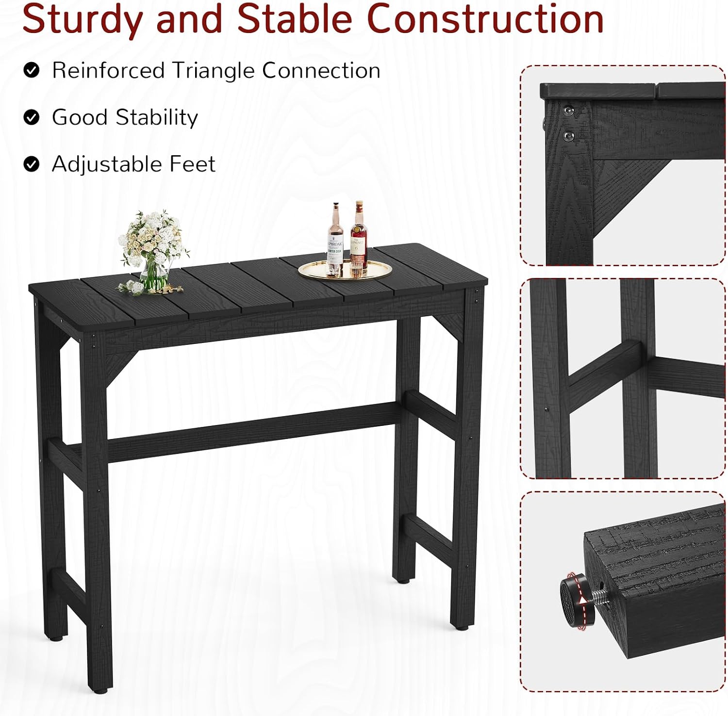 Stoog All-Weather Patio Bar Table, Outdoor Bar Table with Adjustable Feet, Patio Counter Bar Height Tables with Waterproof Top, Never Fade or Rot, for Garden, Balcony, Deck, and Poolside, Black