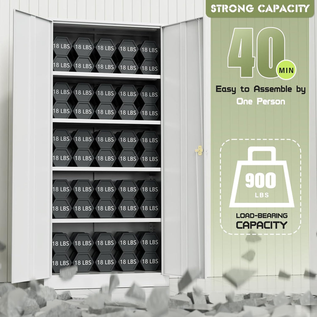 SUNCROWN 72' Metal Storage Cabinet - Heavy-Duty Metal Garage Cabinet with 4 Adjustable Shelves & 2 Doors for Tools, Office, Home, Workshop,White