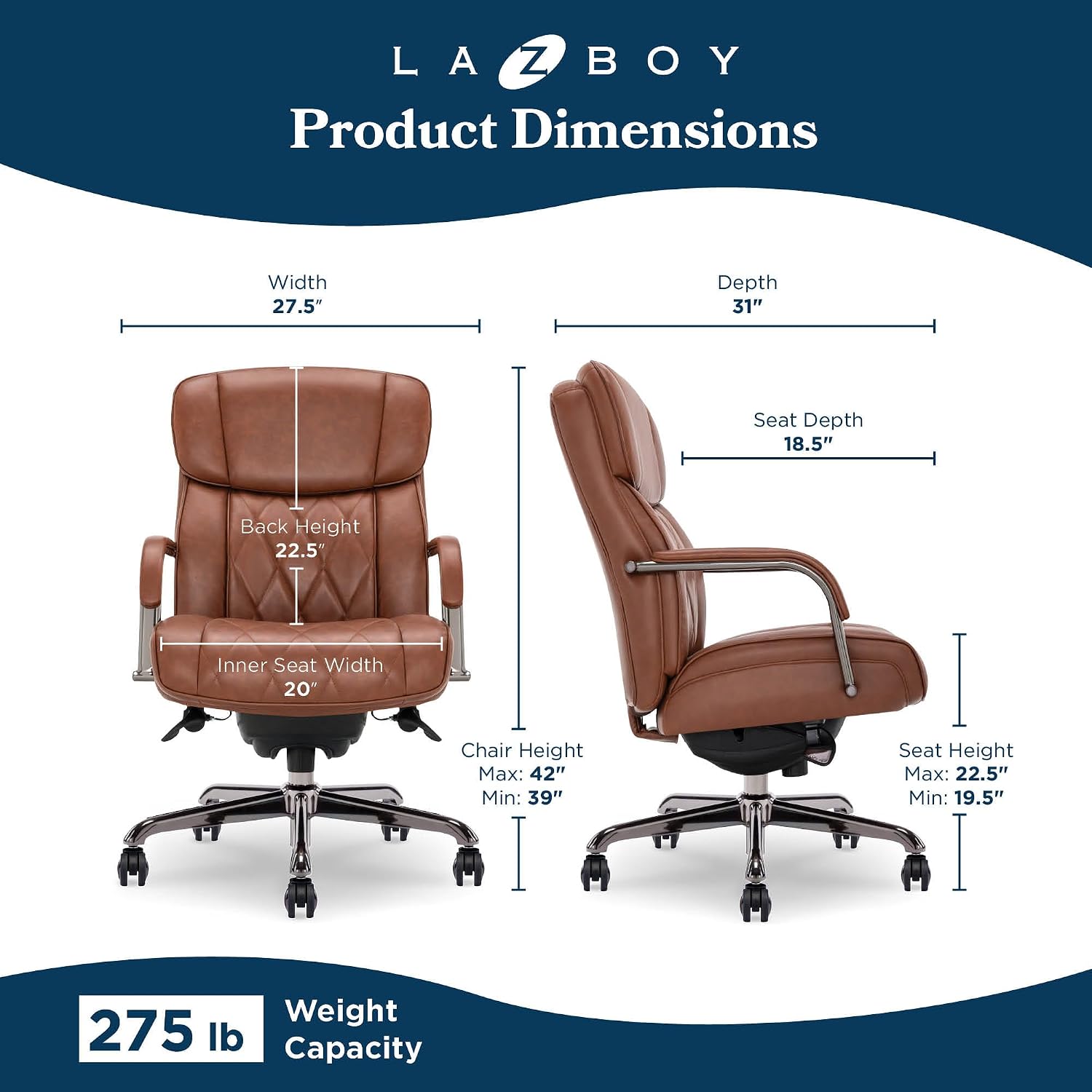 La-Z-Boy Symphony Executive Mid-Back Office Chair, Diamond Quilt Seat and Back, Pocket Coil Cushion, Padded Armrests, Ergonomic Computer DeskChair, Swivel Metal Base, Bonded Leather, Cognac/Graphite