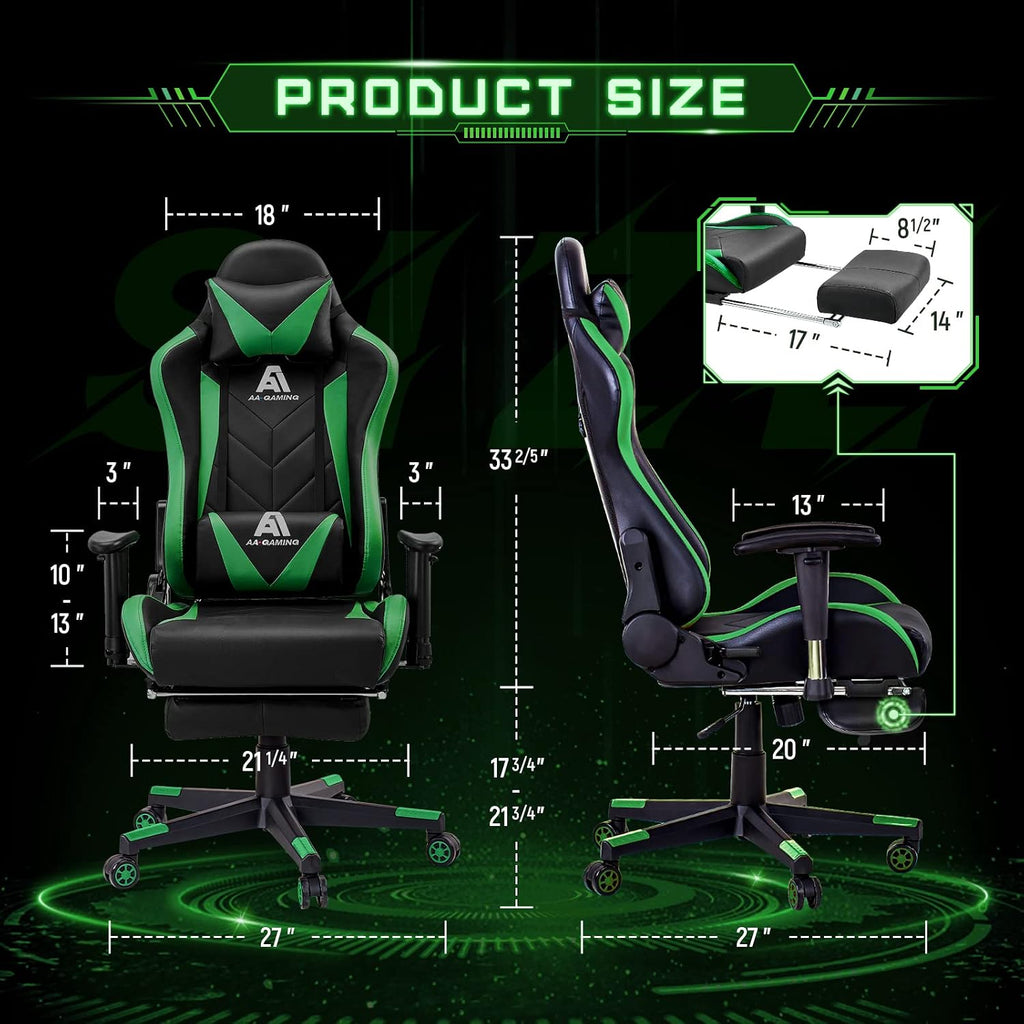 Gaming Chair High Back Ergonomic Computer Racing Chair Adjustable Office Chair with Footrest, Lumbar Support Swivel Chair - Upgraded Version Blackgreen