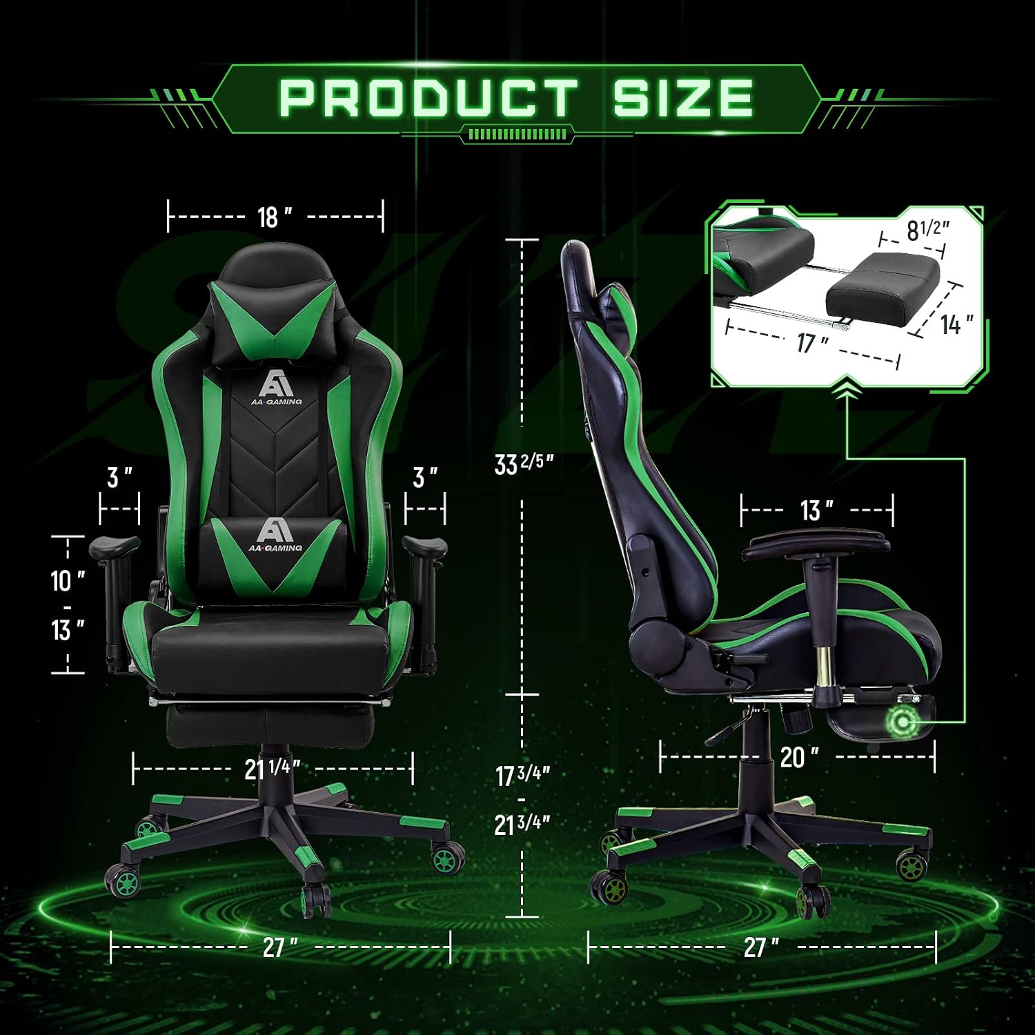 Gaming Chair High Back Ergonomic Computer Racing Chair Adjustable Office Chair with Footrest, Lumbar Support Swivel Chair - Upgraded Version Blackgreen