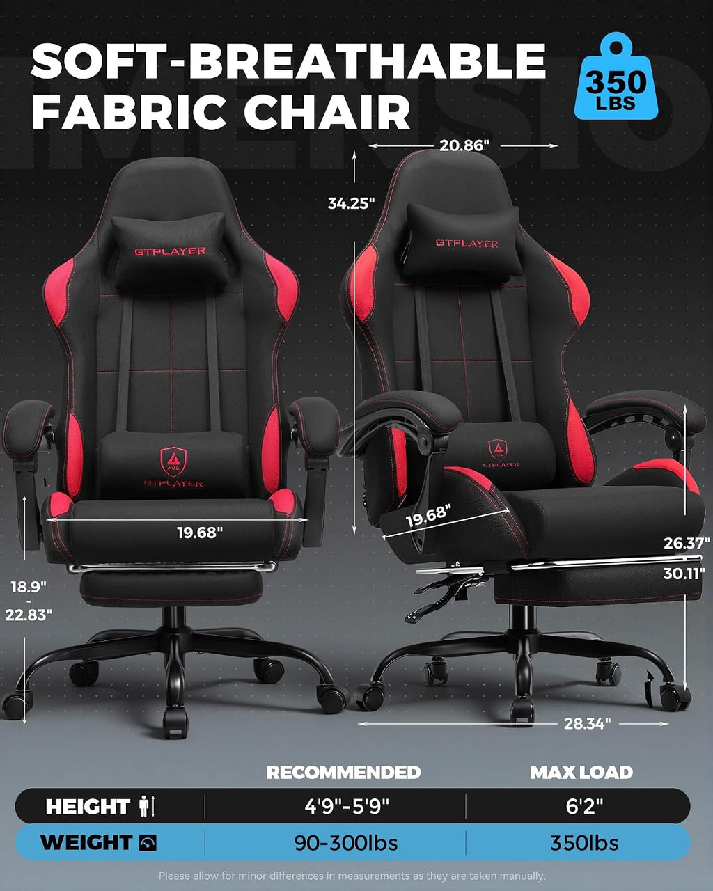 GTPLAYER Gaming Chair Fabric with Pocket Spring Cushion,Computer Office Chair with Lumbar Support for Adults Linkage Armrests and Footrest Ergonomic Gamings Chairs Height Adjustable RED