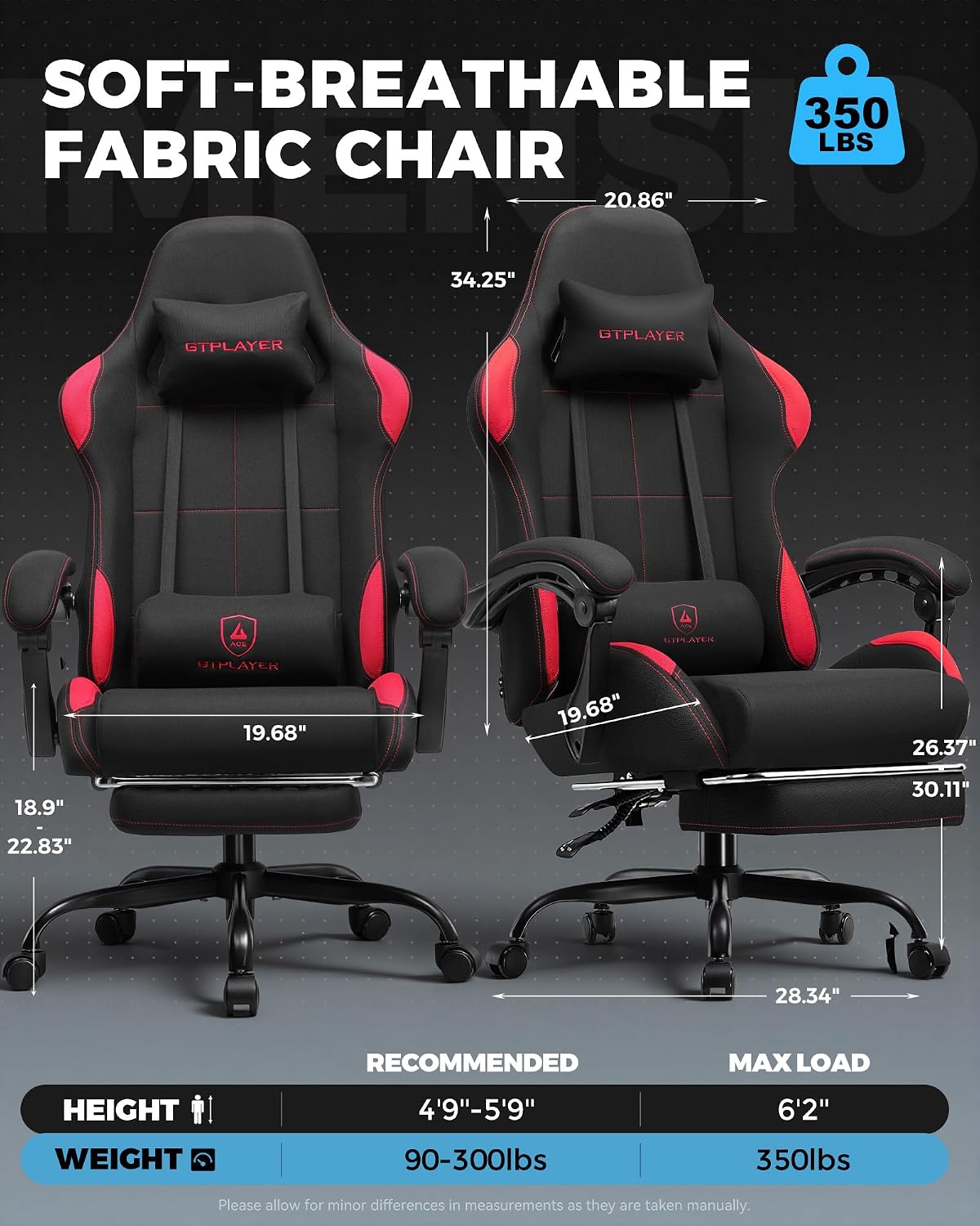 GTPLAYER Gaming Chair Fabric with Pocket Spring Cushion,Computer Office Chair with Lumbar Support for Adults Linkage Armrests and Footrest Ergonomic Gamings Chairs Height Adjustable RED