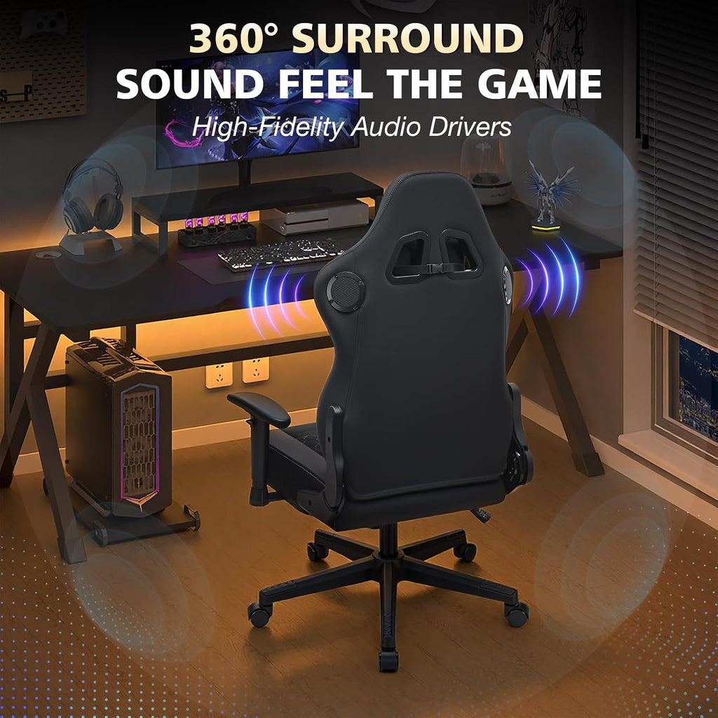 HOFFREE Gaming Chair with Speakers Bluetooth Massage Gaming Chairs for Adults Suede Fabric 165° Reclining Ergonomic Computer Chairs with Footrest Pocket Spring Cushion High Back Gamer Chair Black