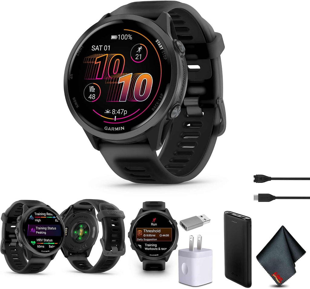 Garmin Forerunner 570 Running Smartwatch, 47MM WiFi, GPS Fitness Smart Watch for Men and Women, Slate Gray Aluminum with Translucent Black/Black Band Bundle with P-Bank + More