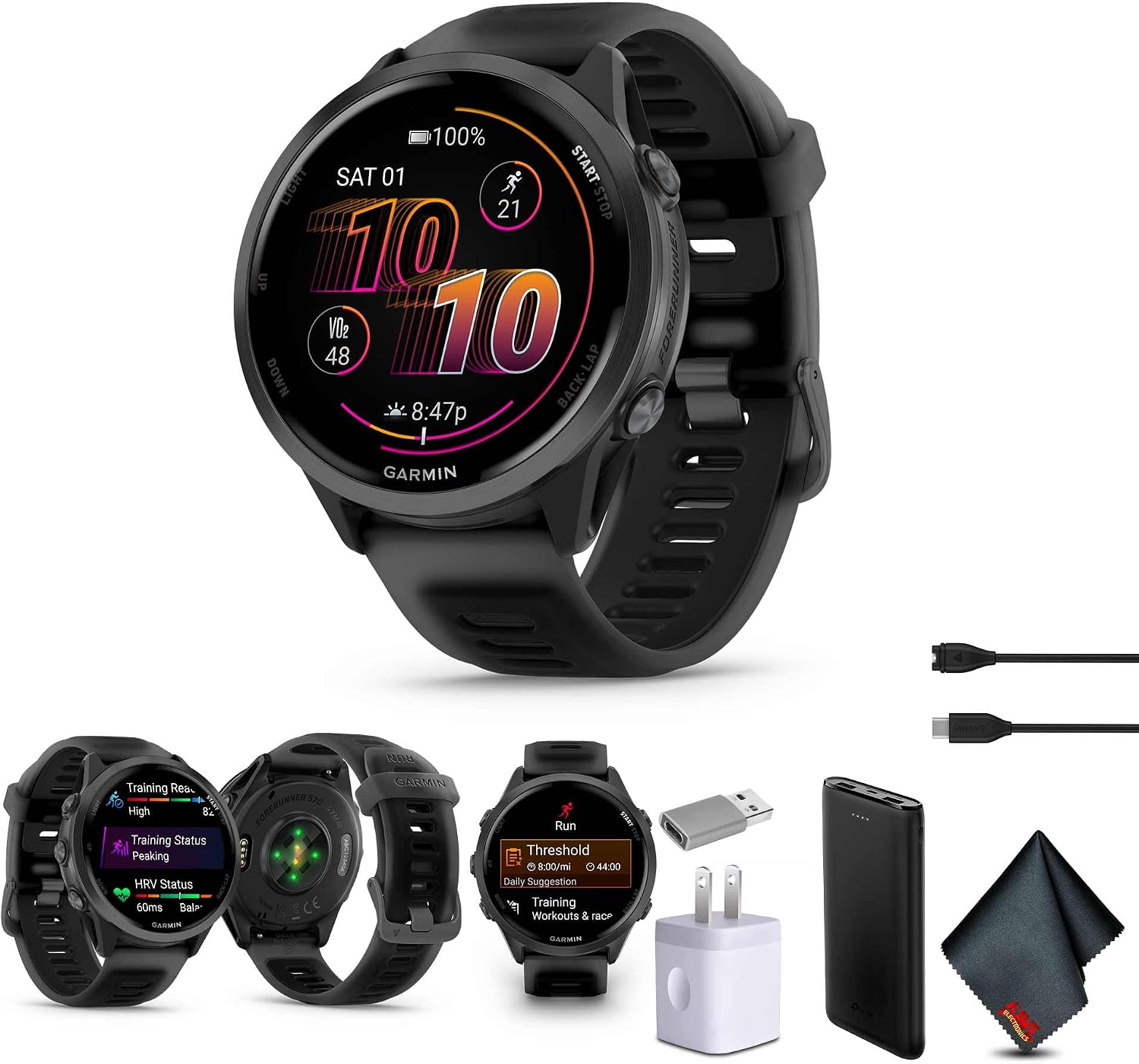 Garmin Forerunner 570 Running Smartwatch, 47MM WiFi, GPS Fitness Smart Watch for Men and Women, Slate Gray Aluminum with Translucent Black/Black Band Bundle with P-Bank + More