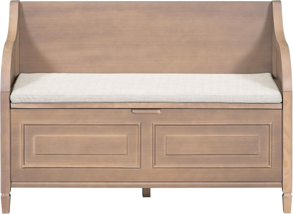 Bellemave Storage Bench with Safety Hinge Wooden Entryway Benches with Shoe Cabinets Under Seat Multifunctional Storage Bench for Entryway, Foyer or a Mudroom (Brown + Beige)