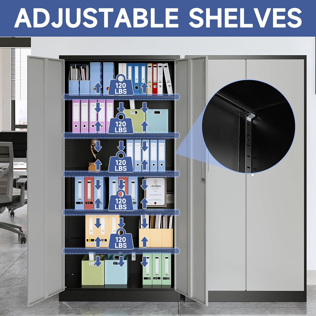 Metal Garage Storage Cabinet, 71/ inchs Locking Storage Cabinet with 2 Doors and 4 Adjustable Shelves, Lockable Metal Cabinet for Office,Home,Garage,Gym,School（Gray Black） SC9005D