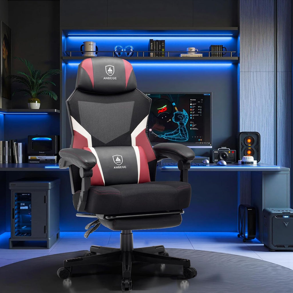 Ergonomic Mesh Video Gaming Chair with Footrest, Height Adjustable Computer Chair with Lumbar Support, High-Back Breathable Reclining Swivel Chair for Adults Home Office & Work (Red)