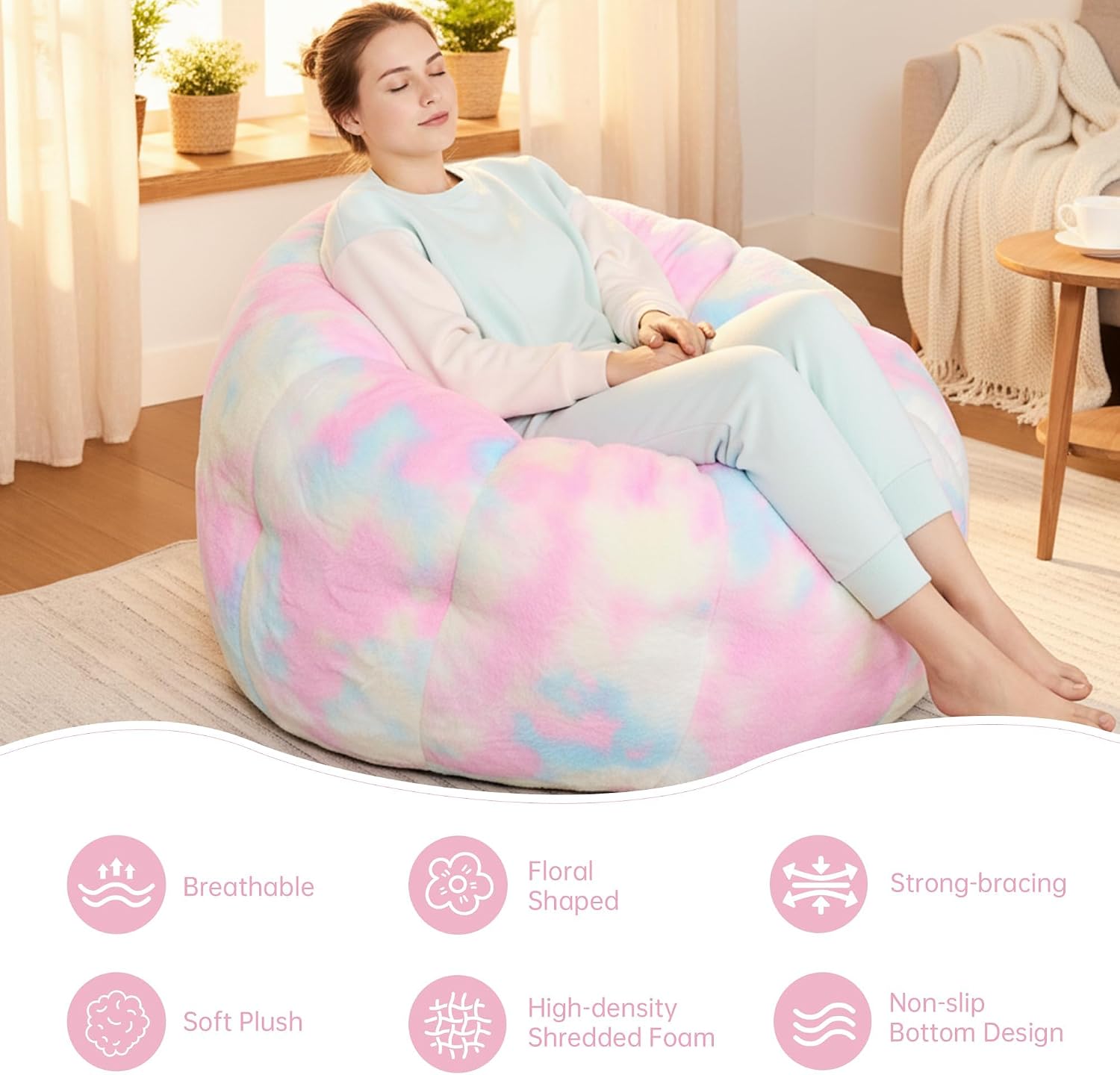 Cvortll Bean Bag Chair, Floral Shaped Beanbag, Faux Fur Adult Teen Kids Comfy Chair with Petal Armrest Chair, Bean Bag Couch for Bedroom, Living Room, Dorm, Game (Colorful)