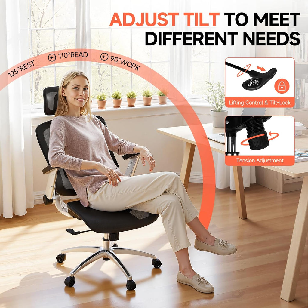 GTPLAYER Big and Tall Ergonomic Mesh Office Chair, High Back Home Desk Chair Computer Gaming Chair with Headrest, Flip-Up Arms, 90-125° Tilt Lock and Wide Cushion, Task Chair for Man Woman-Deep Black