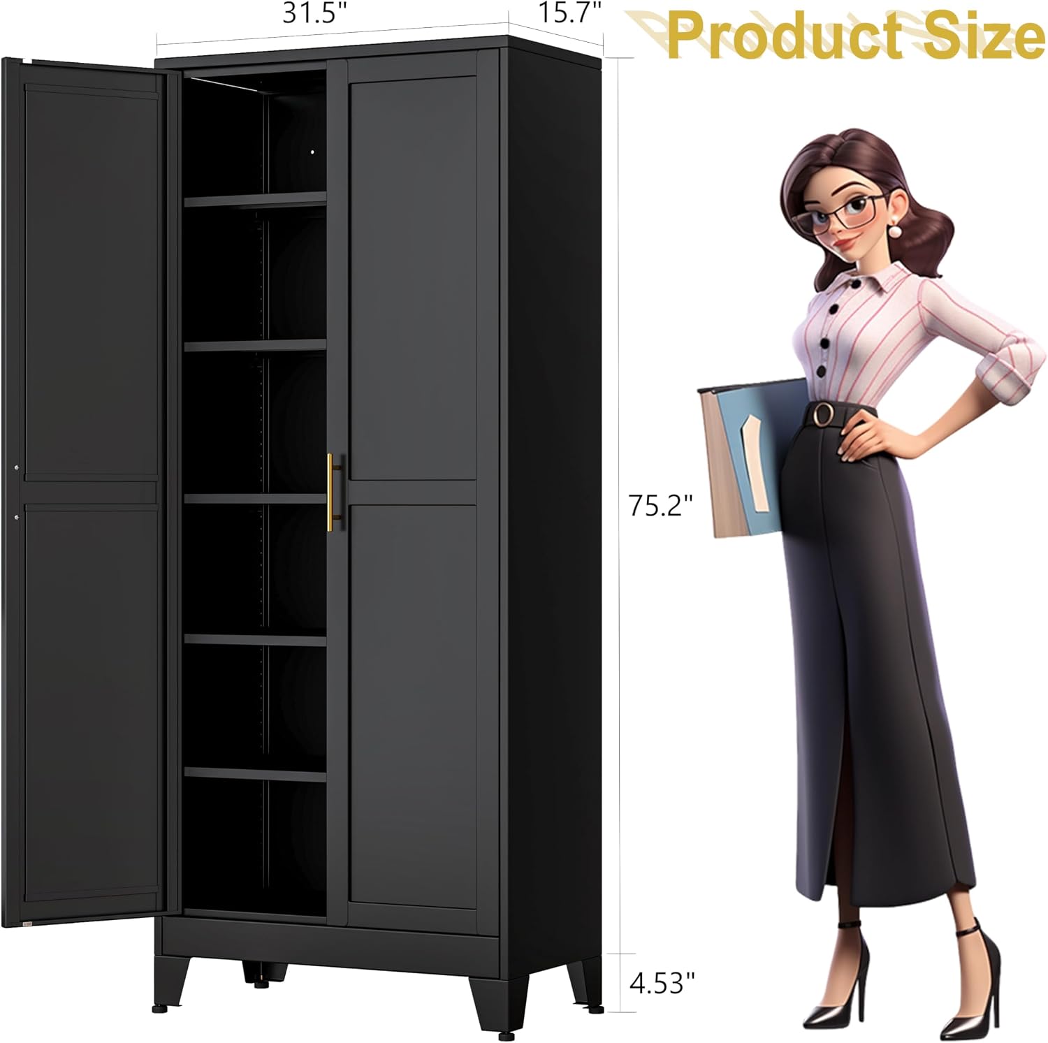 pozdeg 75' Tall Pantry Cabinet, Metal Kitchen Storage Cabinet with 2 Doors and 5 Adjustable Shelves, White Storage Cabinet Cupboard for Kitchen, Dining Room, Living Room and Bathroom (Black)