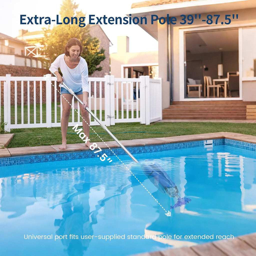 Cordless Pool Vacuum for Above Ground & Inground Pools, 18.5GPM Suction with 2 Brush Heads for Leaves, Debris, with Telescopic Pole Back-Friendly Cleaning, Hot Tub Spa Handheld Cleaner (Blue)