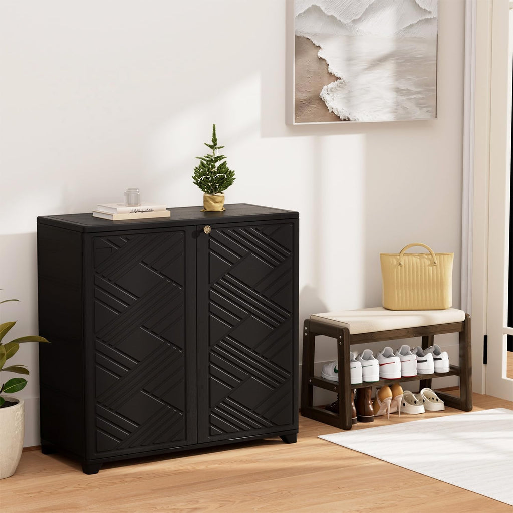 KINYING Outdoor Storage Cabinet Waterproof, 60 Gallon Resin Outdoor Storage Shed for Patio/Garden/Backyard, Outdoor Storage Box for Cushions,Garden Tools and Pool Supplies(Black with 1 Shelving)