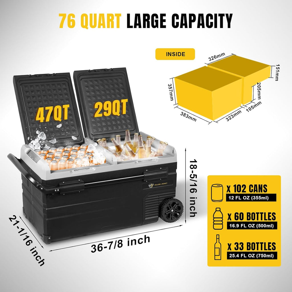 YELLOW JACKET Car Refrigerator 76 Quart Portable Freezer Cooler with Wheels Dual Zone Independent Control 12Volt Car Fridge for Outdoor Camping Travel,12/24V DC 110~240 V AC Refrigerator for Home,RV