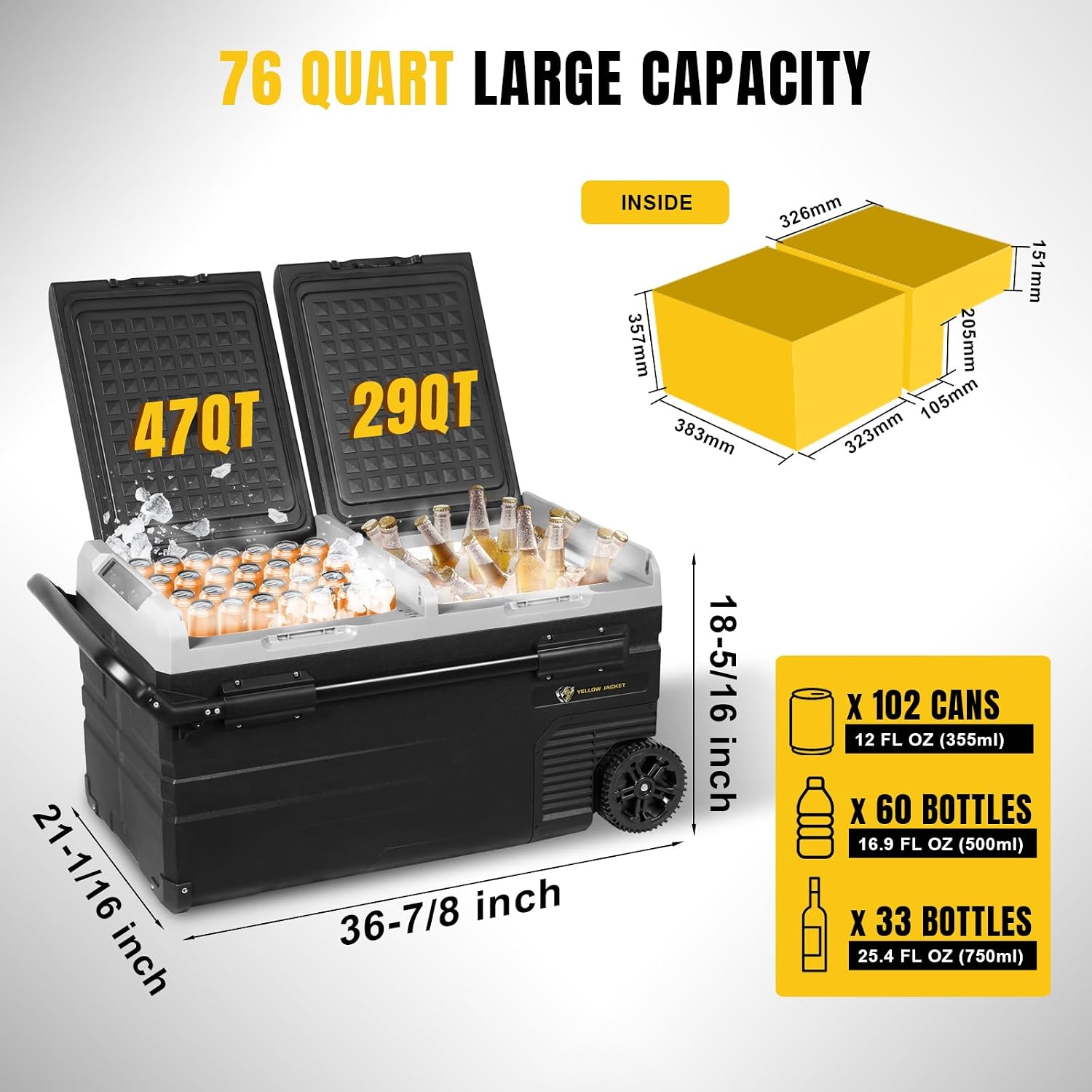 YELLOW JACKET Car Refrigerator 76 Quart Portable Freezer Cooler with Wheels Dual Zone Independent Control 12Volt Car Fridge for Outdoor Camping Travel,12/24V DC 110~240 V AC Refrigerator for Home,RV