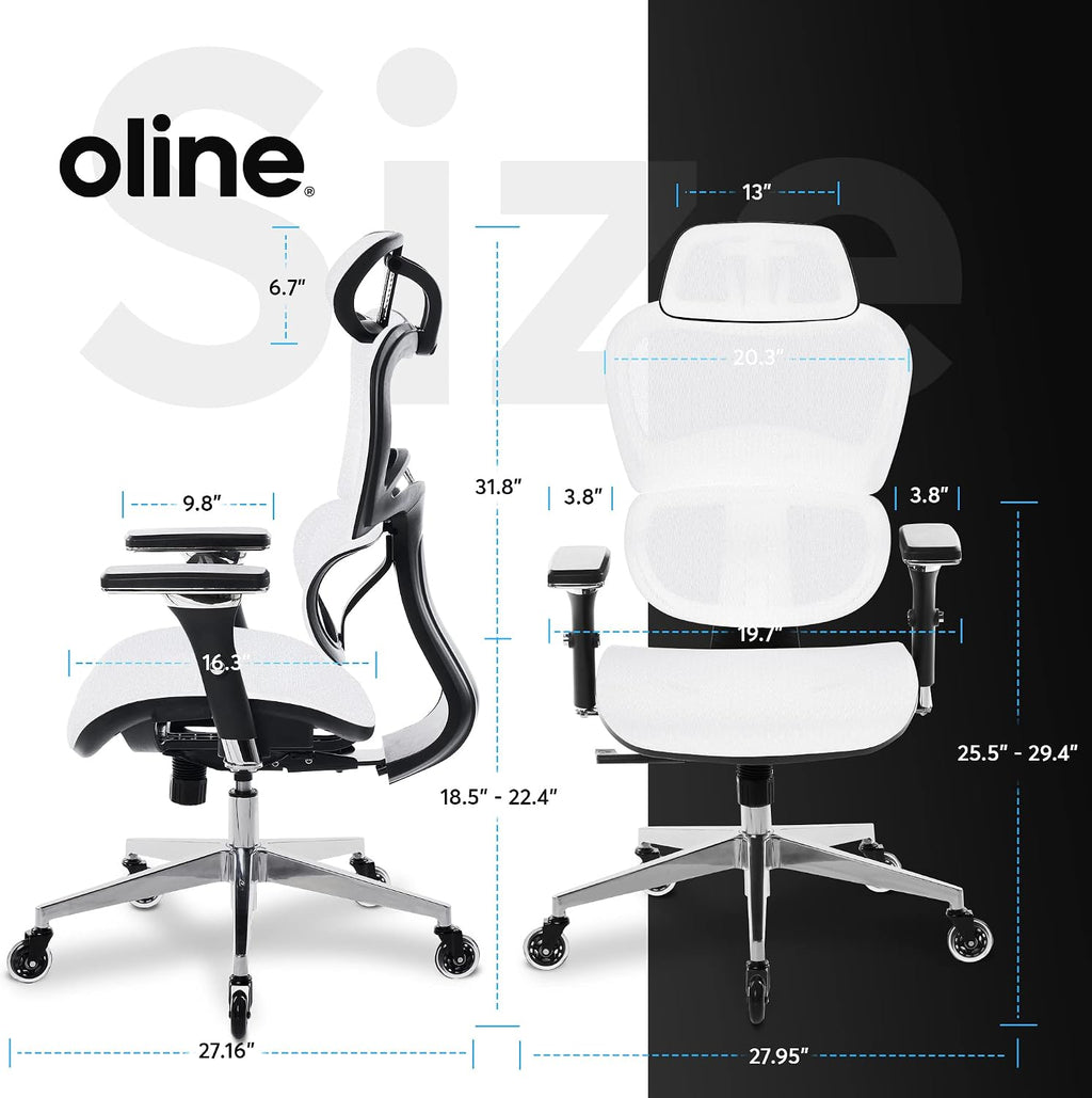 Oline ErgoPro Ergonomic Office Chair with 4D Adjustable Armrest, 3D Lumbar Support and Blade Wheels - Mesh Computer Gaming Rolling Desk Executive Swivel Home Chair (White)