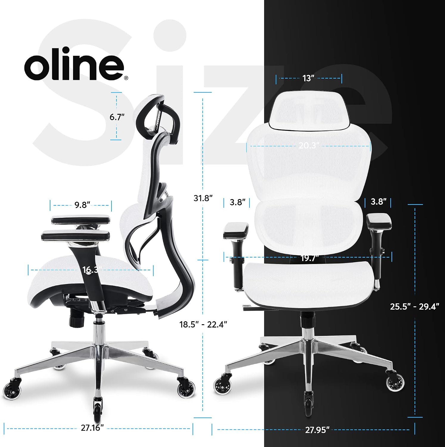 Oline ErgoPro Ergonomic Office Chair with 4D Adjustable Armrest, 3D Lumbar Support and Blade Wheels - Mesh Computer Gaming Rolling Desk Executive Swivel Home Chair (White)