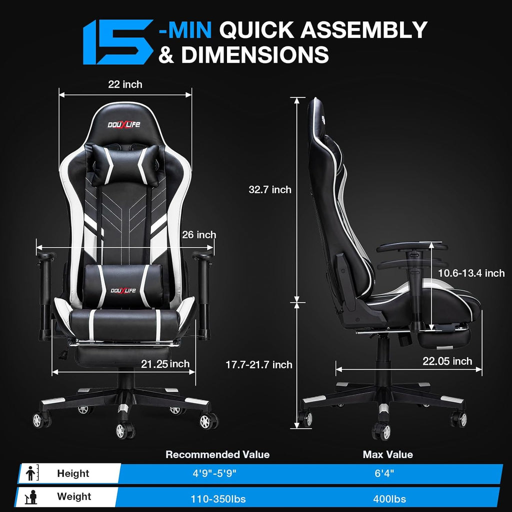 Douxlife 7-Point Massage Gaming Chair with Footrest, 400lbs Heavy Duty Ergonomic Computer Chair, 175° Reclining High Back Racing Seat for Adults with Adjustable Armrests & Lumbar Support, White