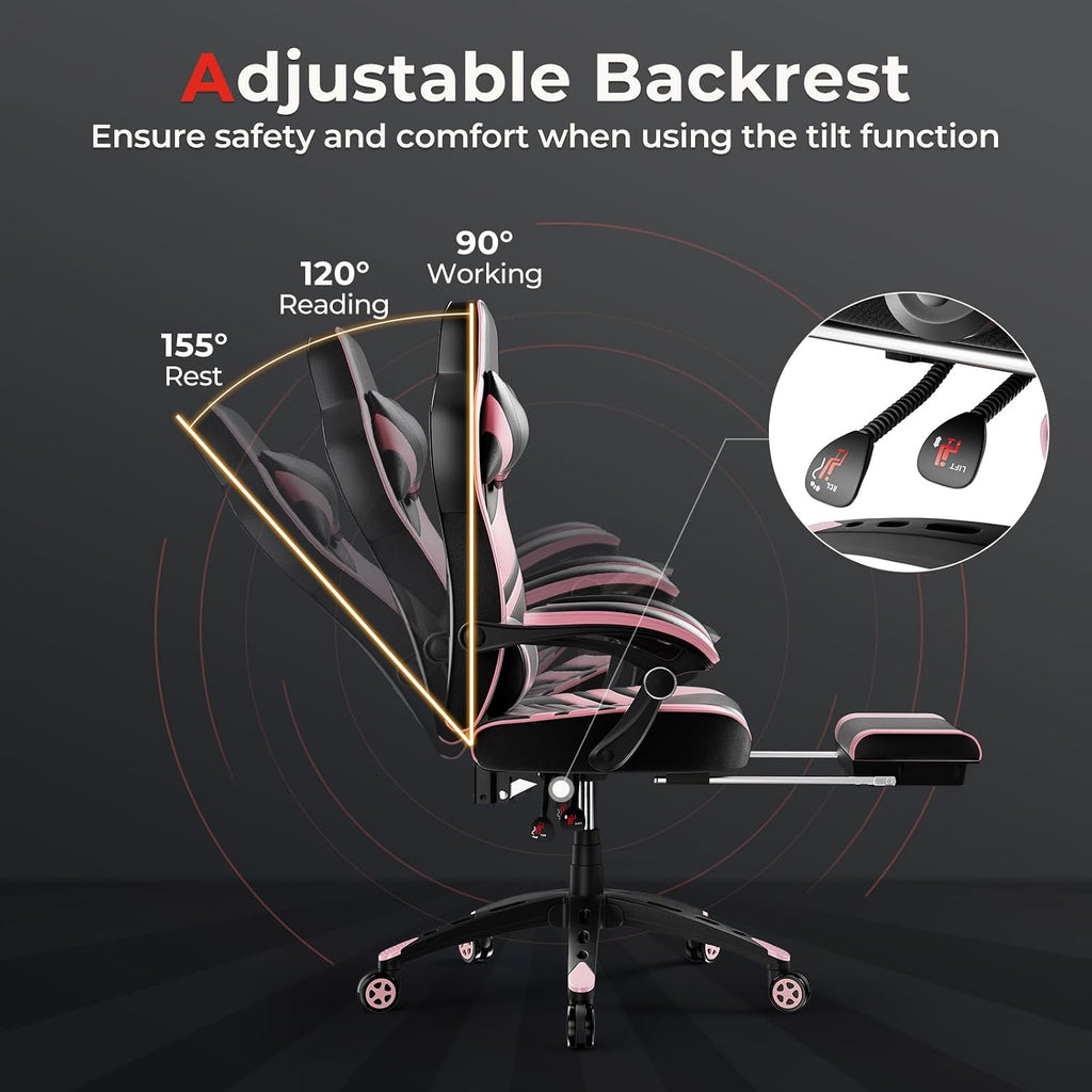 POWERSTONE Gaming Chair Video Game Chair with Footrest and Lumbar Support Racing Style PU Leather Computer Chair Ergonomic Adjustable Swivel Task Chair Pink