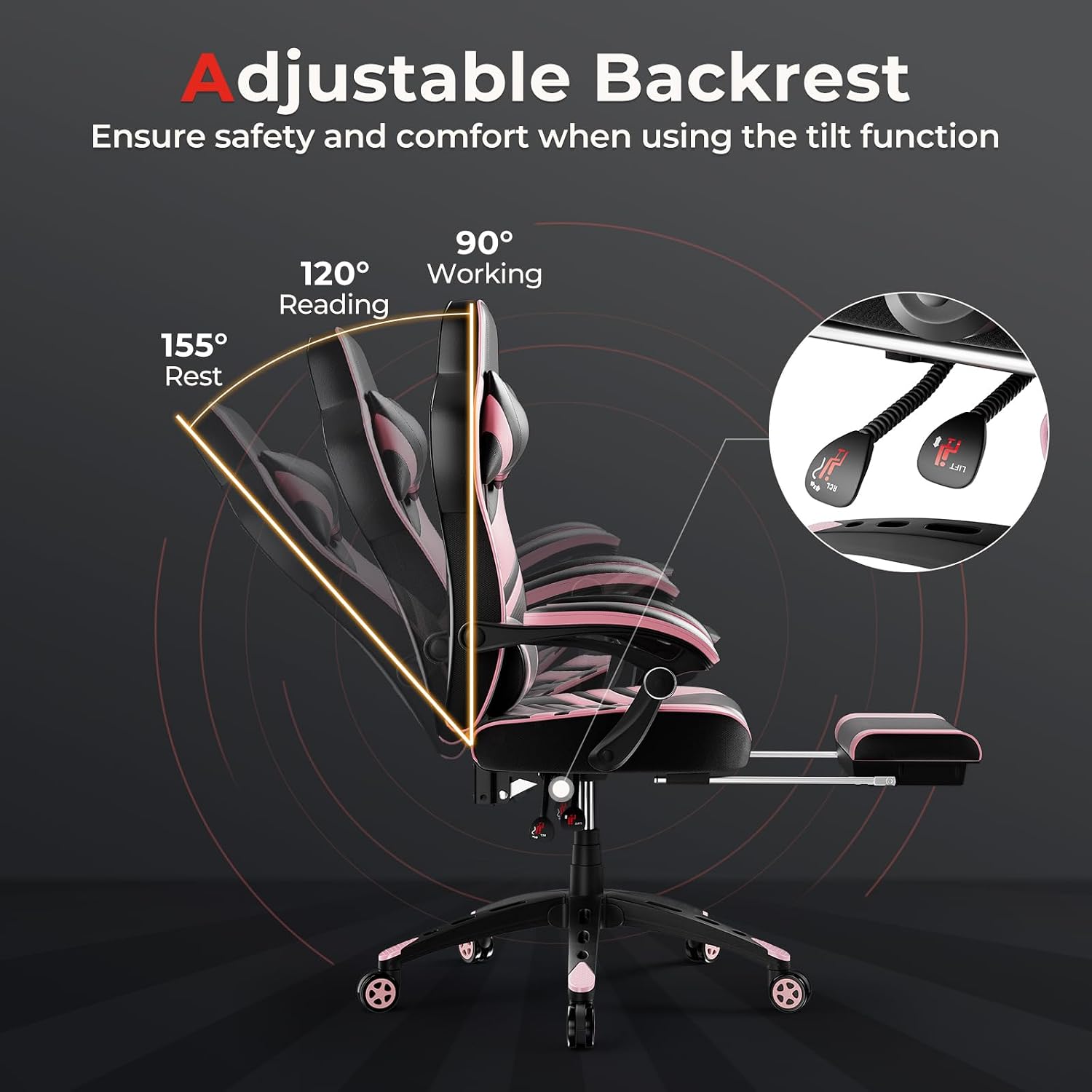POWERSTONE Gaming Chair Video Game Chair with Footrest and Lumbar Support Racing Style PU Leather Computer Chair Ergonomic Adjustable Swivel Task Chair Pink