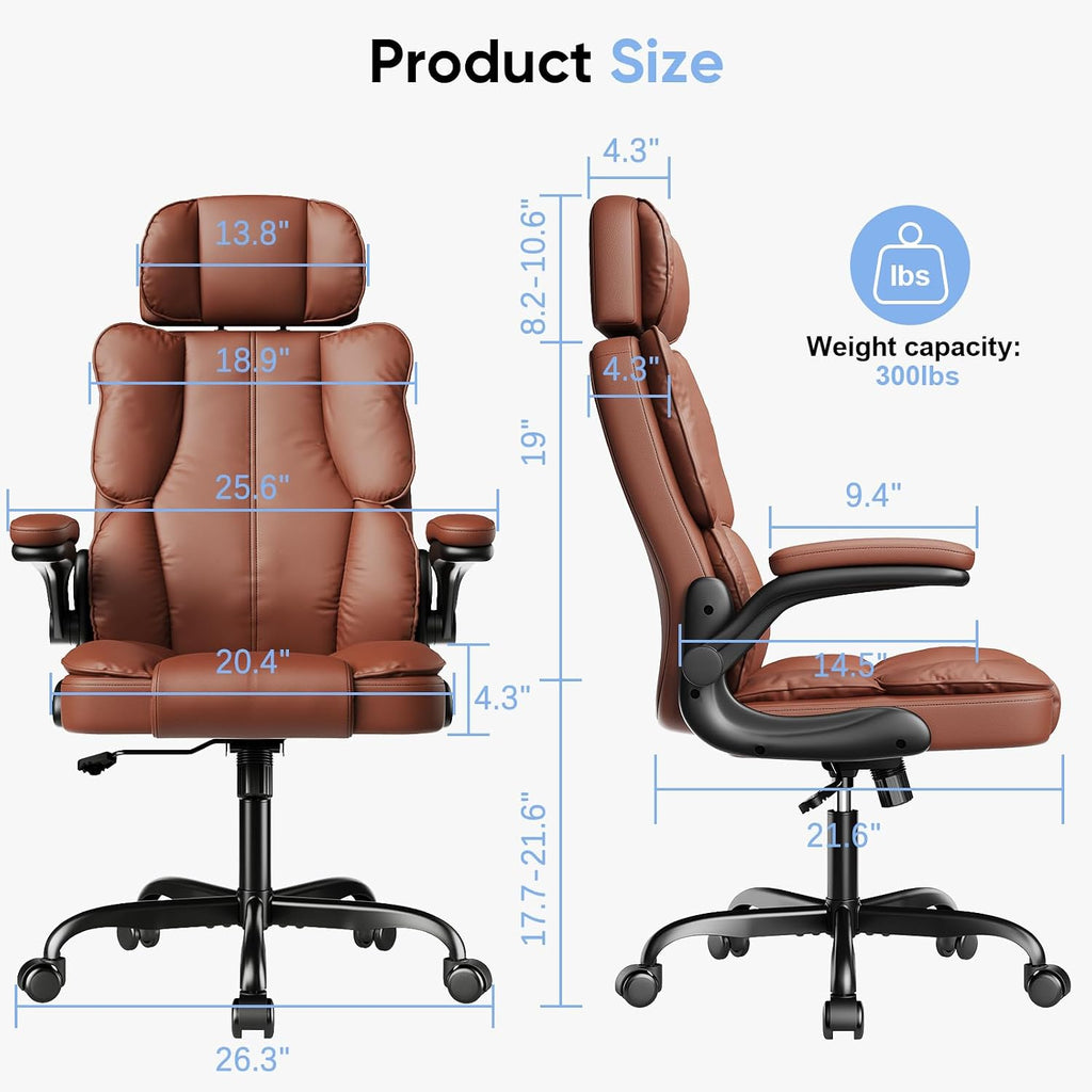 Kensaker Ergonomic Executive Office Chair with Adjustable Headrest & 90° Flip-Up Arms, High Back PU Leather Computer Desk Chair with 135° Rocking & Double Padding for Home Office Comfort, Brown