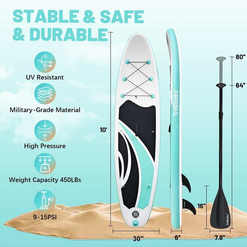 Triclicks Inflatable Stand Up Paddle Board 10ft Surfing Board Kit for Adults, Premium SUP Complete Kit with Adjustable Paddle Hand Pump Fin Leash Backpack