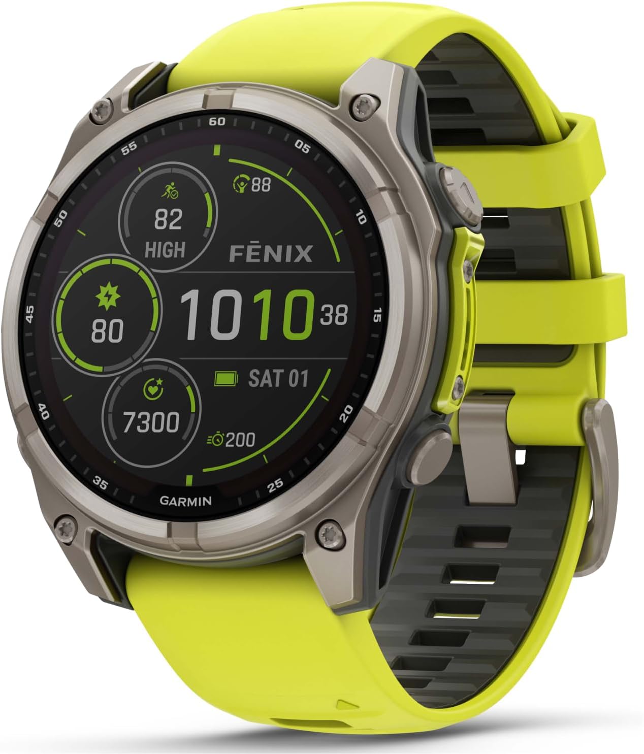 Garmin Fenix 8 – 47 mm Multisport GPS Smartwatch, Solar, Sapphire, Titanium with Amp Yellow/Graphite Silicone, Built-in LED Flashlight, Voice Control Black Earbuds Bundle