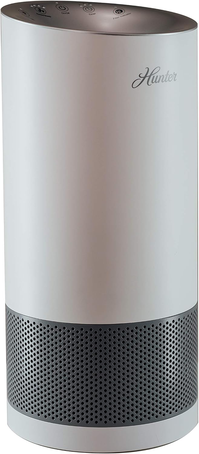 Hunter Fan Company HP400 Round Tower Air Purifier for Small Rooms, Featuring True HEPA Filtration and EcoSilver® Pre-Filter for Allergy and Asthma Relief, White and Silver