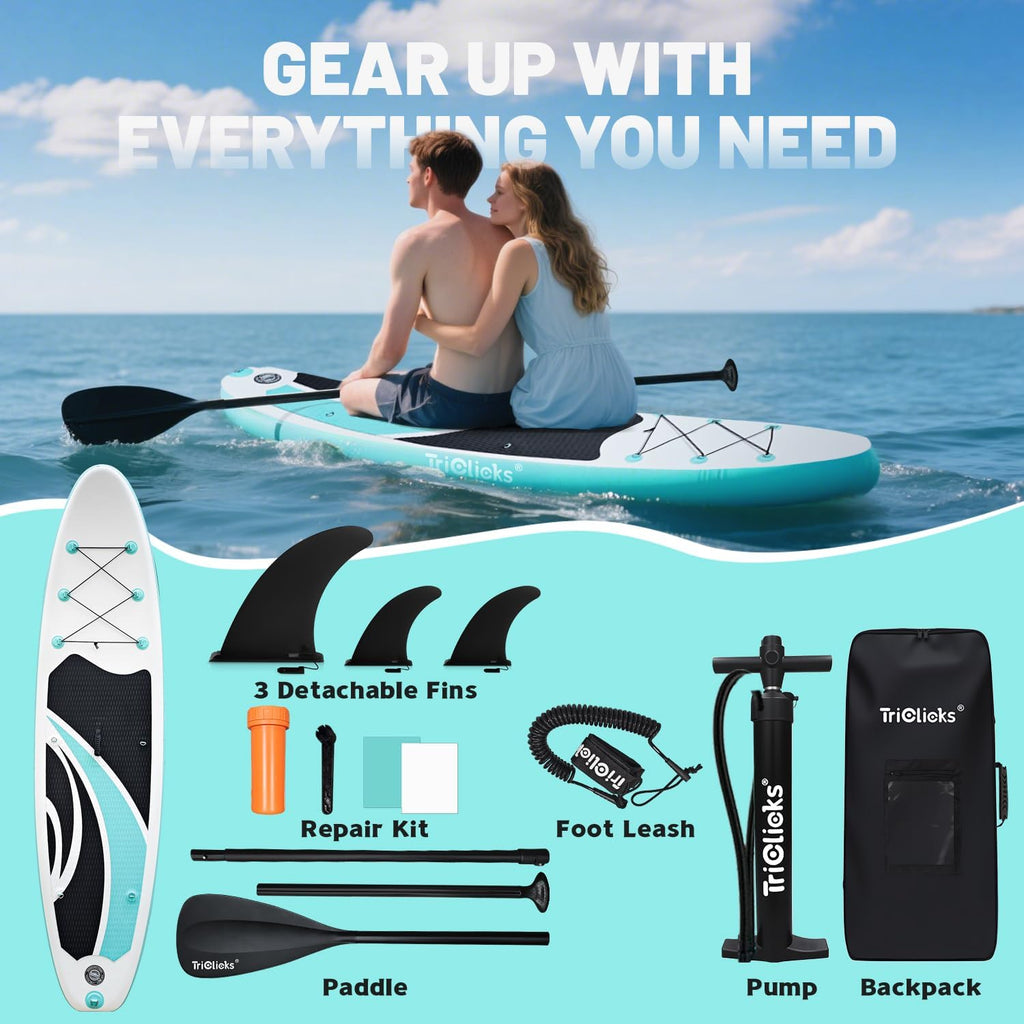 Triclicks Inflatable Stand Up Paddle Board 10ft Surfing Board Kit for Adults, Premium SUP Complete Kit with Adjustable Paddle Hand Pump Fin Leash Backpack