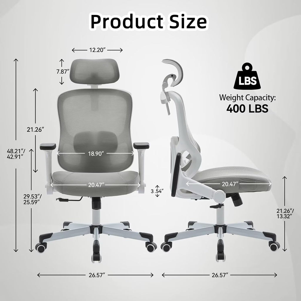 Ergonomic Office Chair Reclining Gaming Chair Adjustable Lumbar Support 4D Armrest 6D Headrest Breathable Mesh Swivel Computer Chairs Home Studio Chairs Desk Chair Coat Hanger Tilt Lock (Grey)