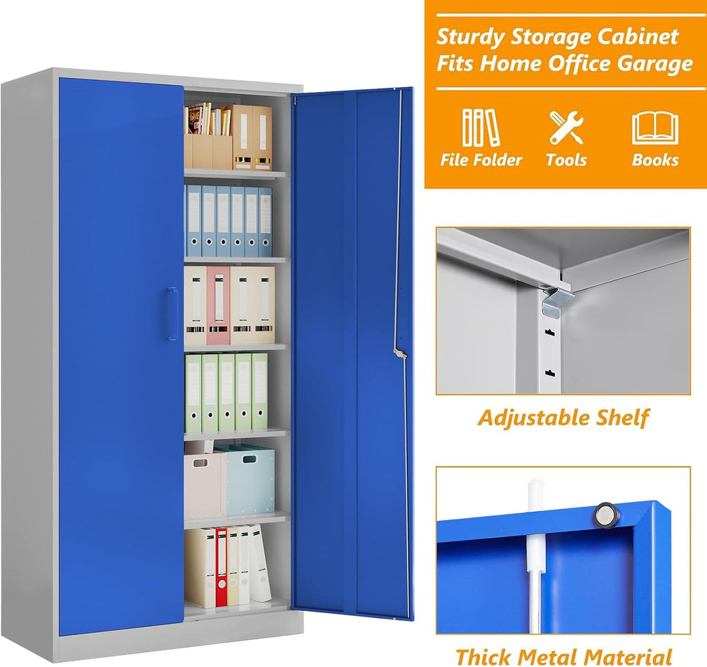 STANI Metal Garage Storage Cabinet with Lock, 71' Steel Lockable File Cabinet, Locking Steel Storage Cabinet with 5 Adjustable Shelves for Home, Office, Garage, Warehouse (Blue Grey, 2 Door - 71' H)