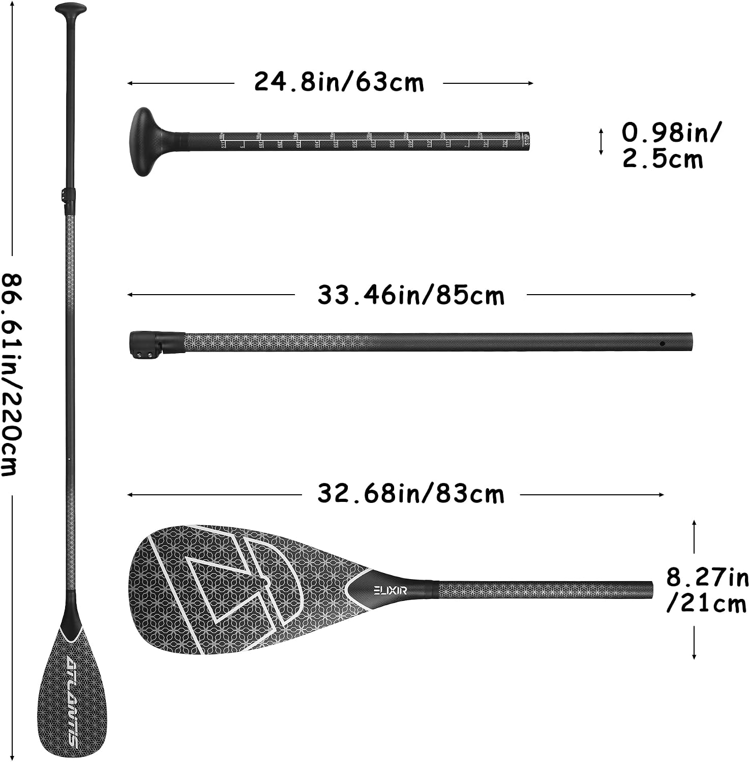 AQUBONA SUP Paddle- 3 Pieces 100% Carbon Fiber Adjustable Stand Up Paddle Board Paddle, Portable Durable Floating Paddle Board. (F) (Black)