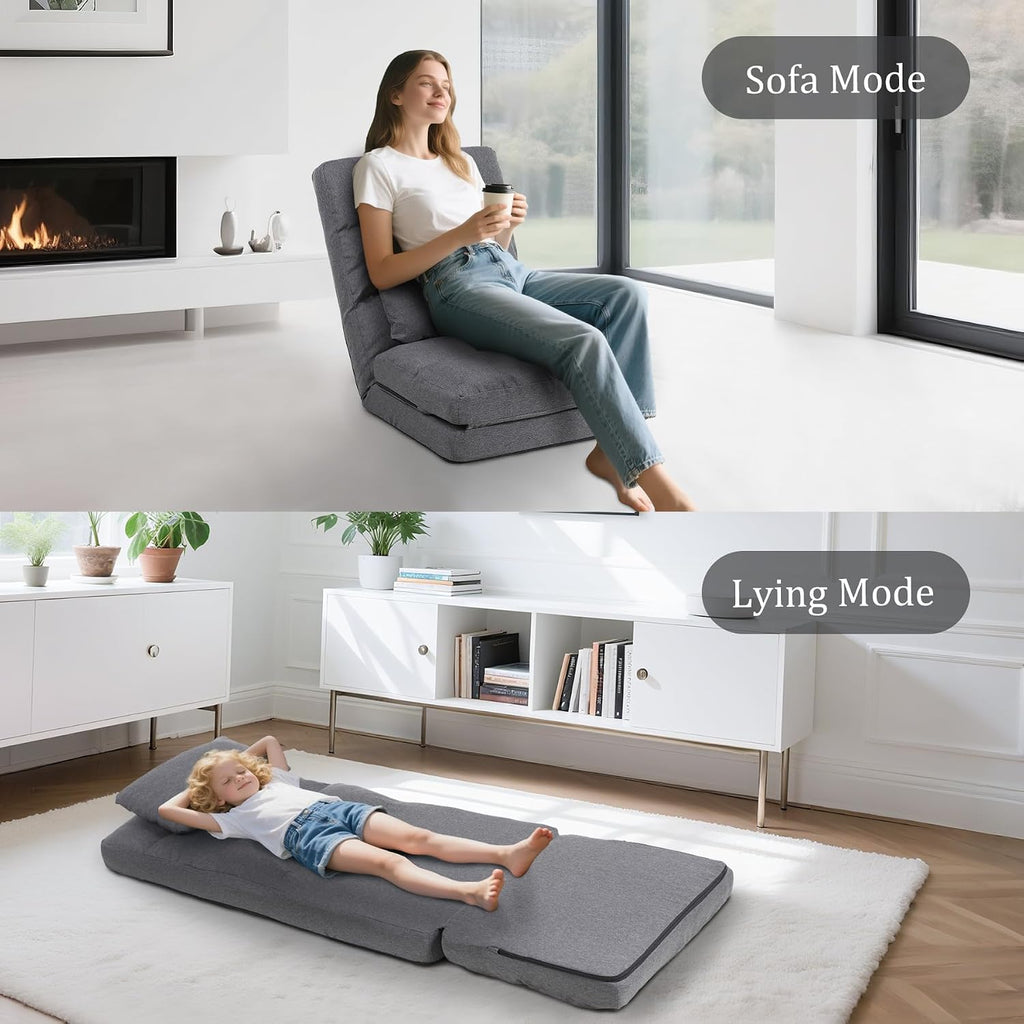 Chaise Lounge Indoor, 14-Position Floor Chair with Padded Pillow for Adults Kids, Folding Lazy Sofa Chair for Living Room, Bedroom, for Gaming Reading (Grey)