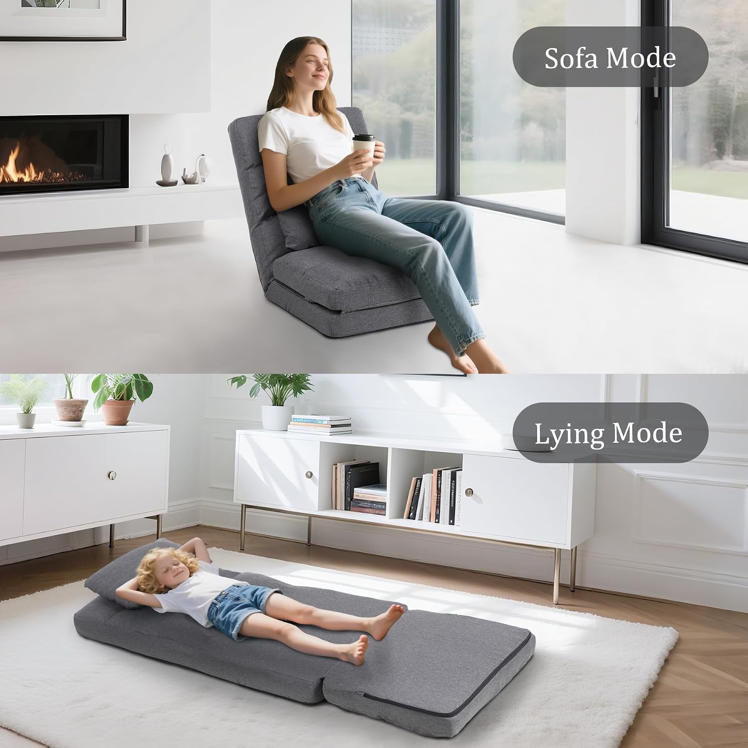 Chaise Lounge Indoor, 14-Position Floor Chair with Padded Pillow for Adults Kids, Folding Lazy Sofa Chair for Living Room, Bedroom, for Gaming Reading (Grey)