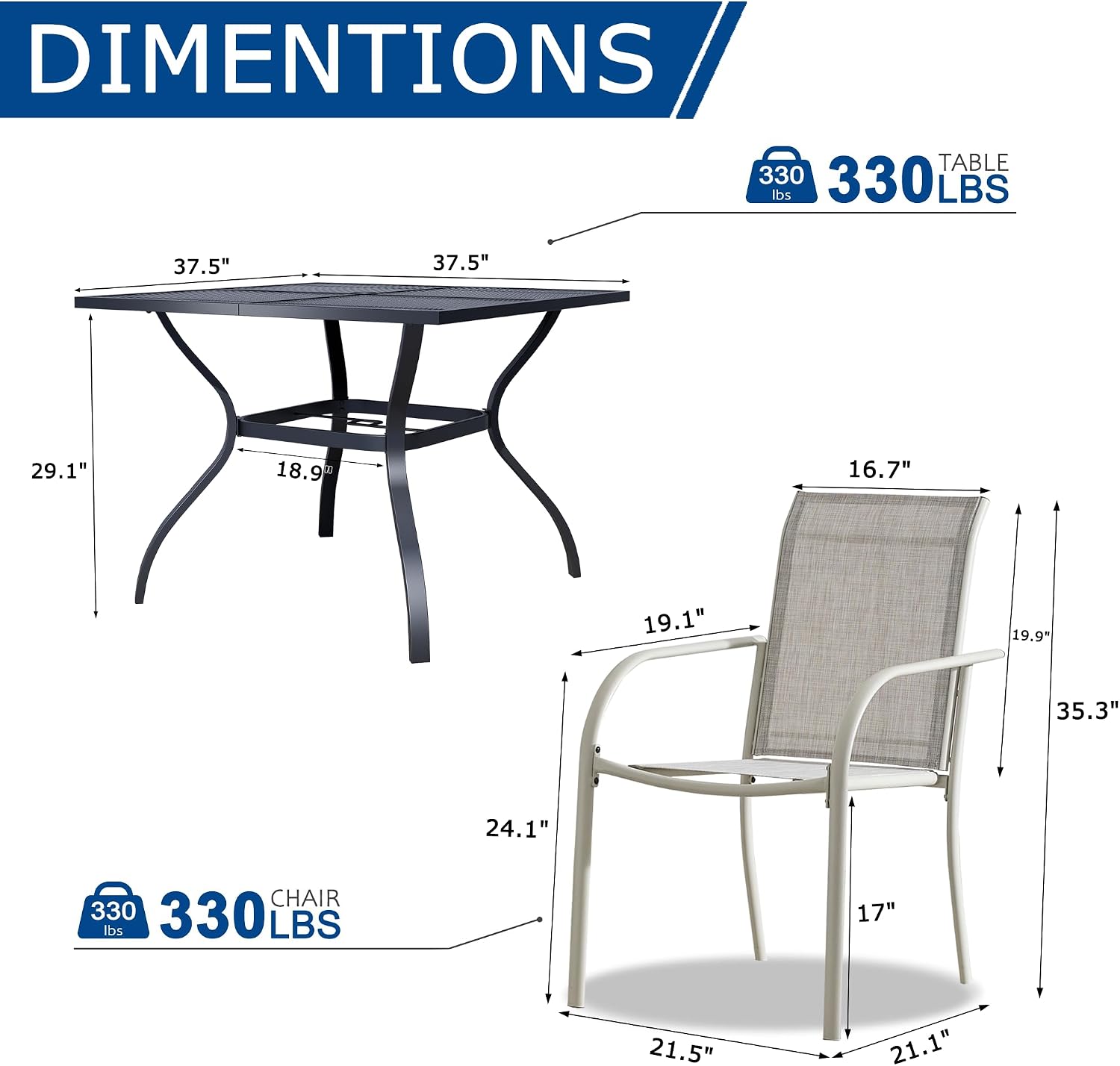 5 Piece Outdoor Dining Set, Patio Table and Chairs Set of 4, 37.5' Black Square Patio Table with 4 Grey Stackable Patio Chairs for Lawn, Garden, Porch