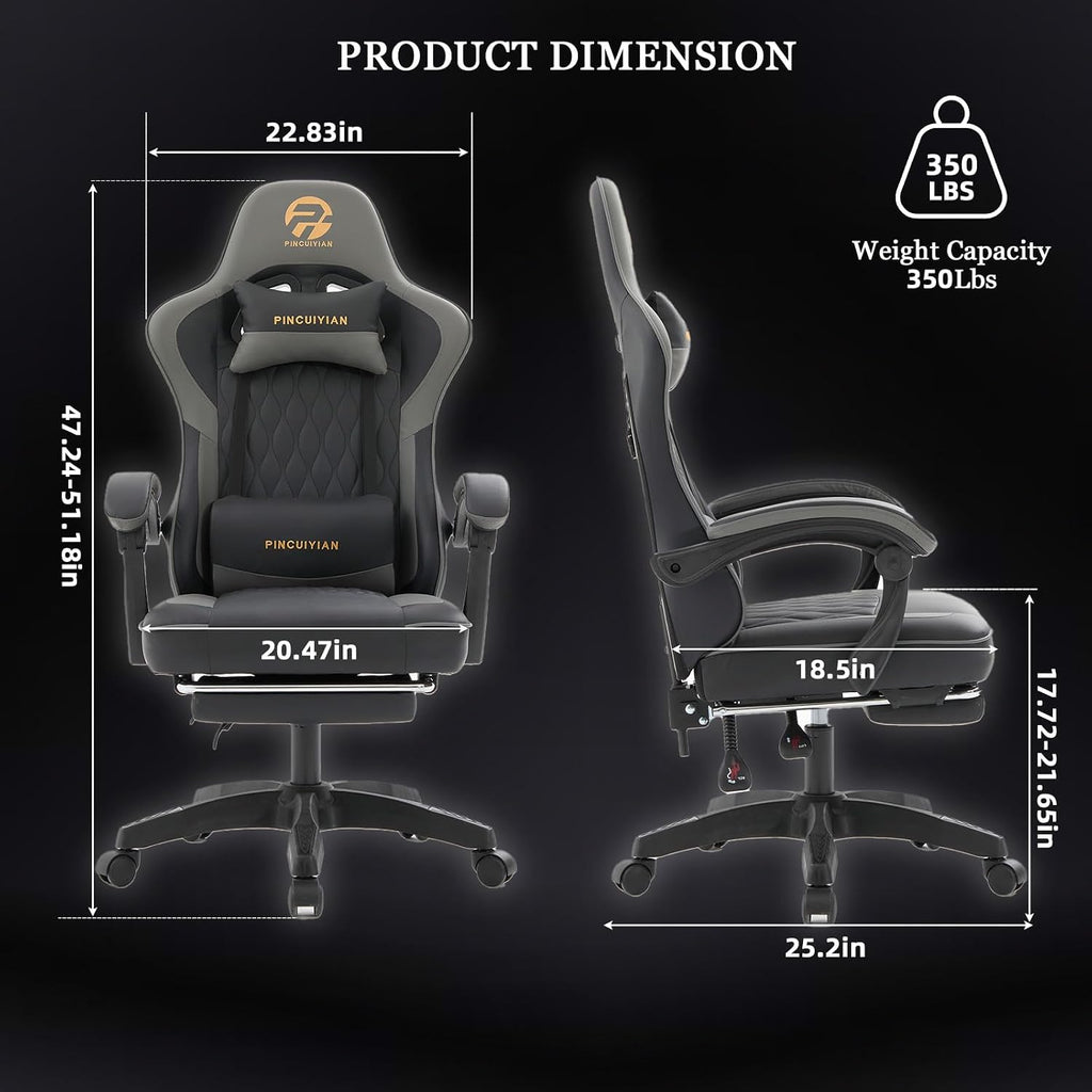 Ergonomic Gaming Chair with Footrest and Lumbar Support, High Back Reclining PU Leather Computer Chair with Headrest and Linkage Armrests, Swivel Height Adjustable Office Gamer Chair for Adults (Gray)