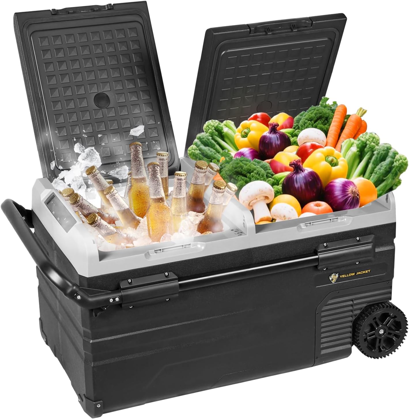 YELLOW JACKET Car Refrigerator 76 Quart Portable Freezer Cooler with Wheels Dual Zone Independent Control 12Volt Car Fridge for Outdoor Camping Travel,12/24V DC 110~240 V AC Refrigerator for Home,RV