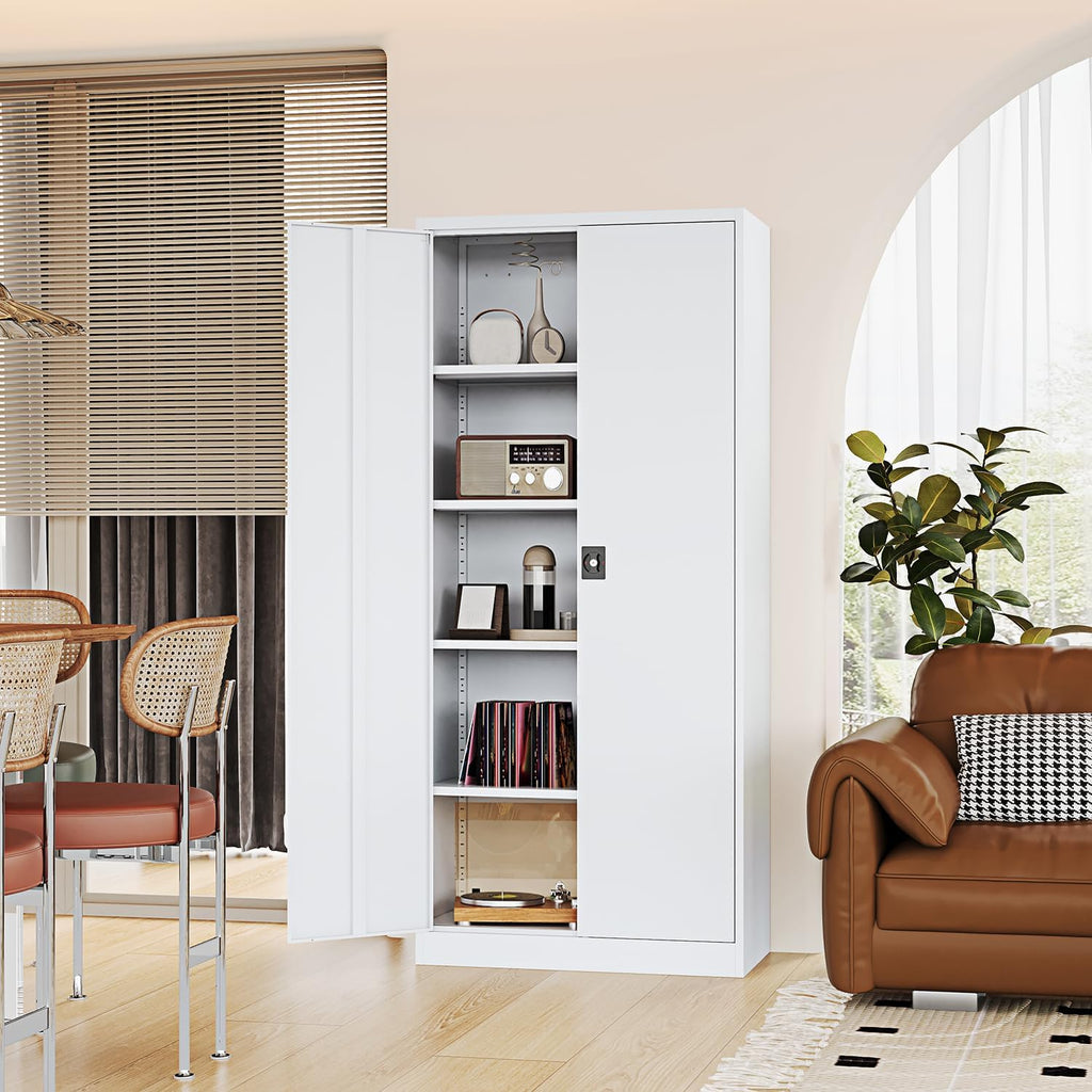 Fesbos Metal Storage Cabinet-71' Tall Steel File Cabinets with Lockable Doors and Adjustable Shelves-White Steel Storage Cabinet for Home,Kitchen, School, Office, Garage