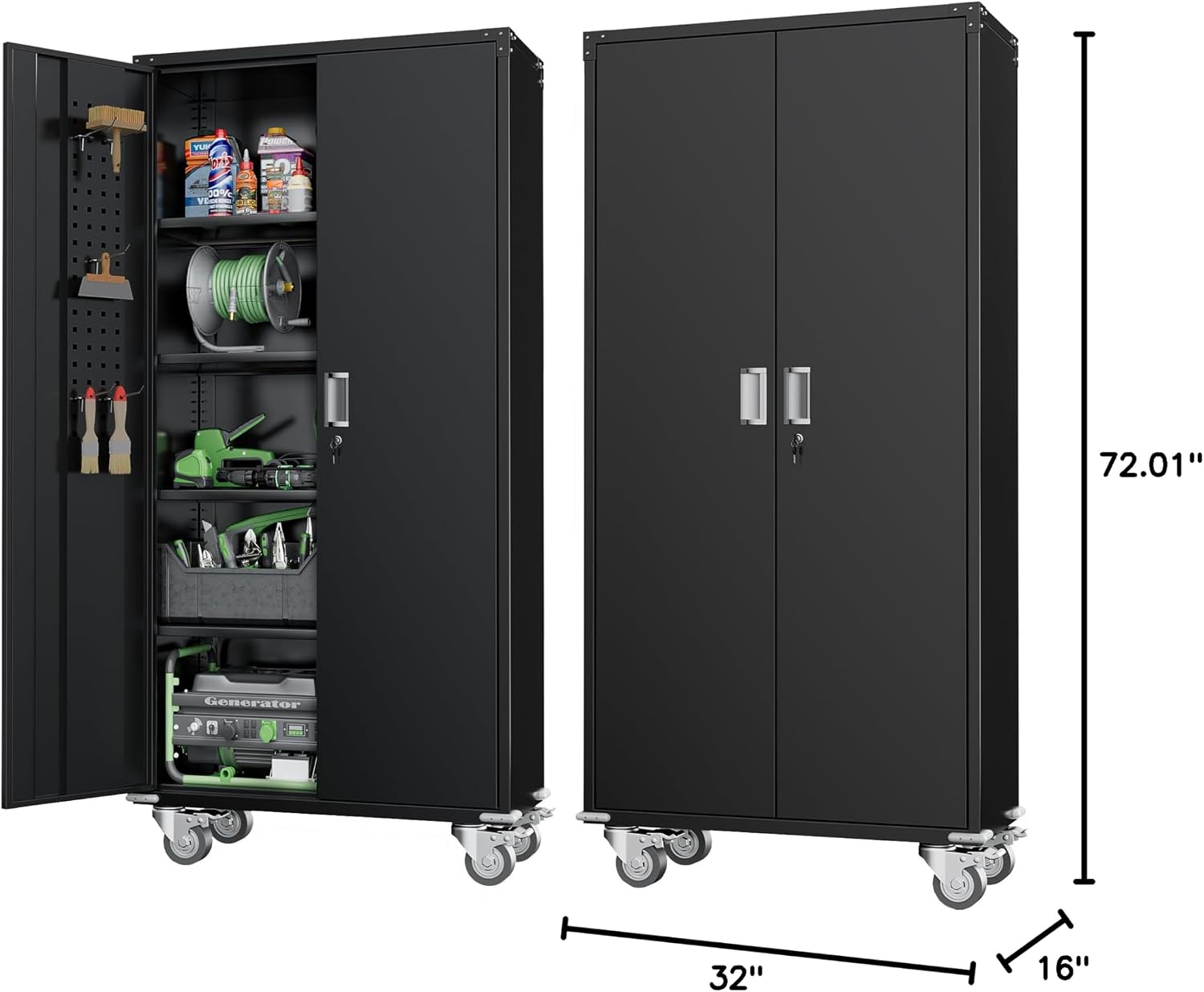 Greenvelly Metal Storage Cabinet with Wheels, 72' Black Garage Rolling Cabinet with Doors and 4 Shelves, Steel Locking Cabinets Tall Tool Lockable Storage Cabinets for Basement, Pantry, Home Office