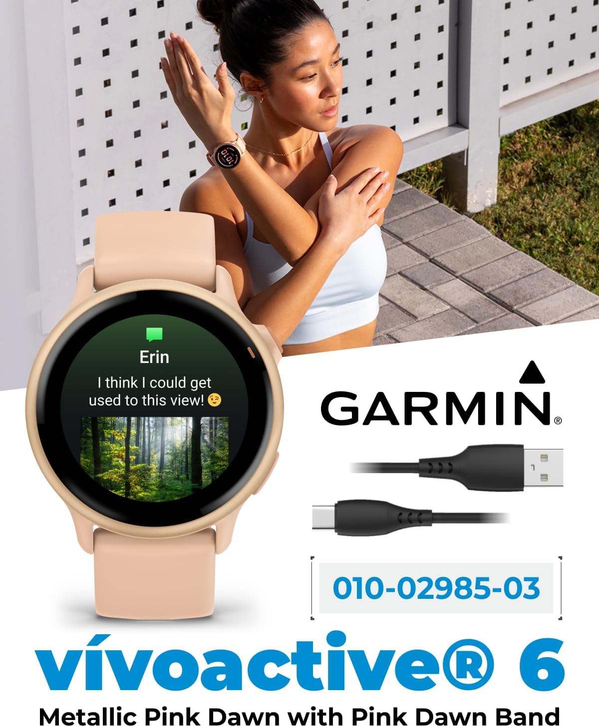 Garmin Vivoactive 6 - Health & Fitness Smartwatch, 1.2 in Bright AMOLED Display, GPS Sports Tracking, Up to 11 Days of Battery, Metallic Pink Dawn & Pink Dawn Band w White Earbuds Bundle