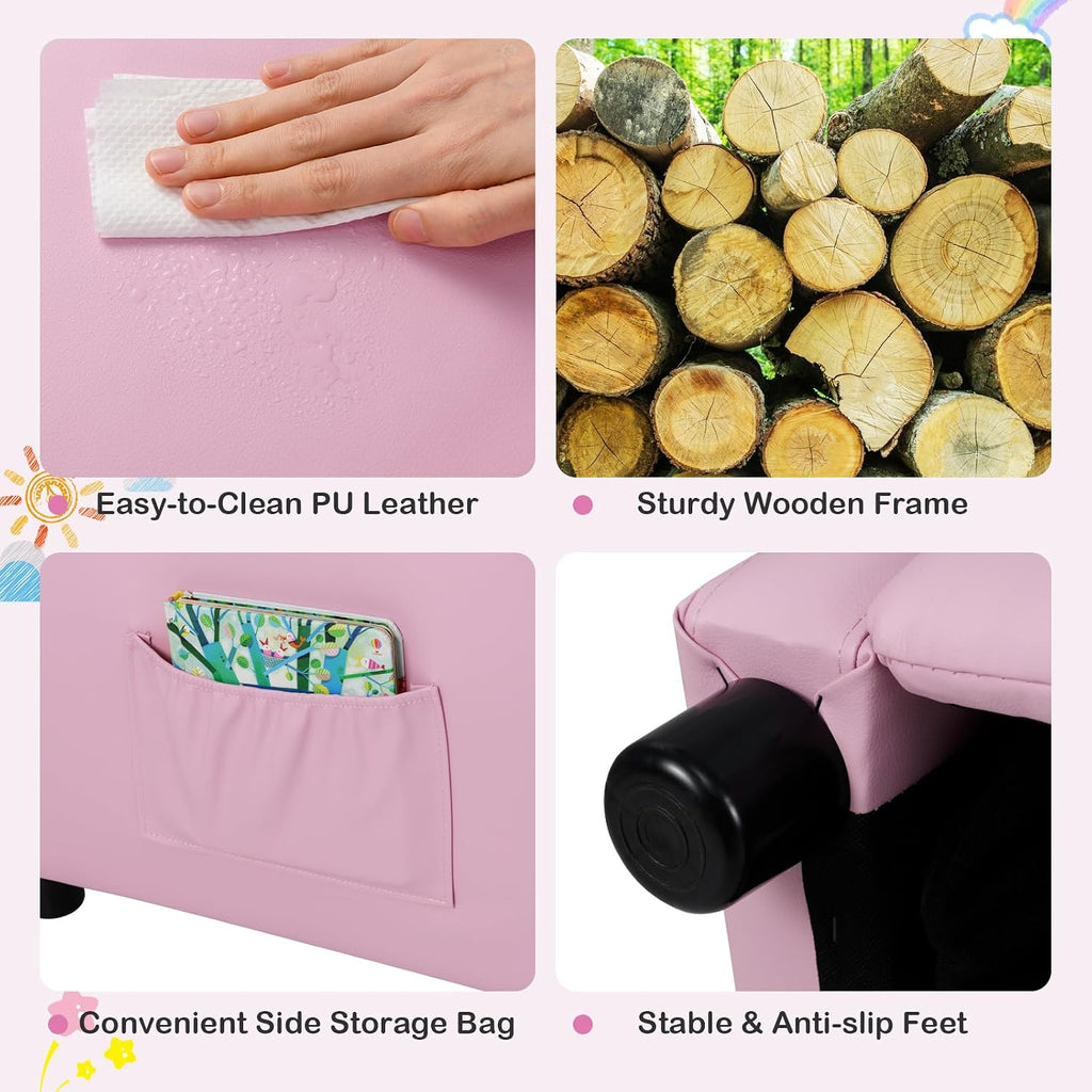 Costzon Kids Recliner, Adjustable PU Leather Lounge Chair w/Side Pockets, Footrest, Headrest for Kids Room&Play Room, Easy to Clean, Padded Pink Recliner Sofa for Children Boys Girls Aged 3-12 (Pink)