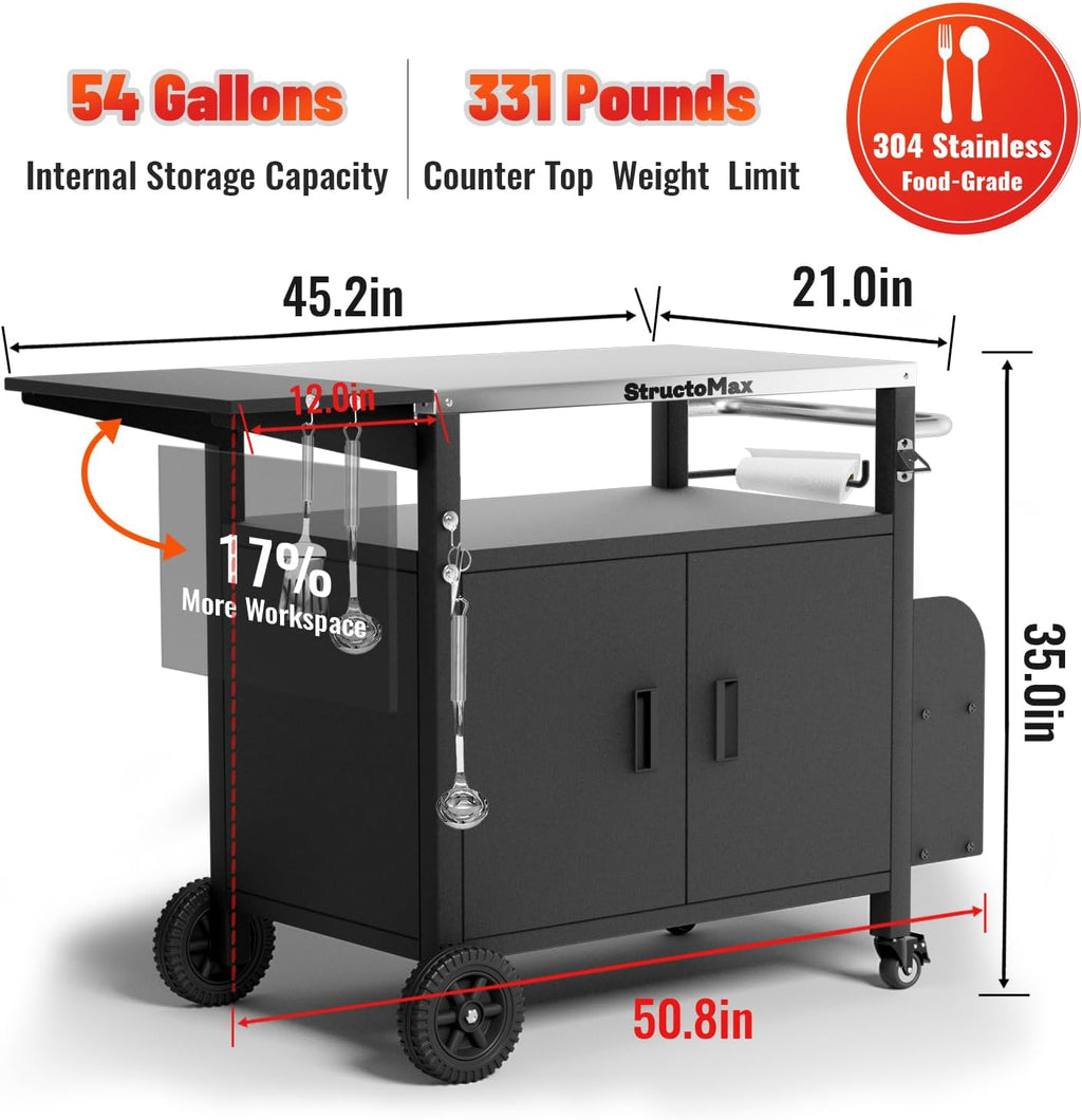 XL Outdoor Grill Cart with Cabinet, Extra-Wide Stainless Steel Table Top, Large Spice Rack & Lockable Wheels, Outdoor Kitchen Island Grill Table for BBQ, Cooking & Prep