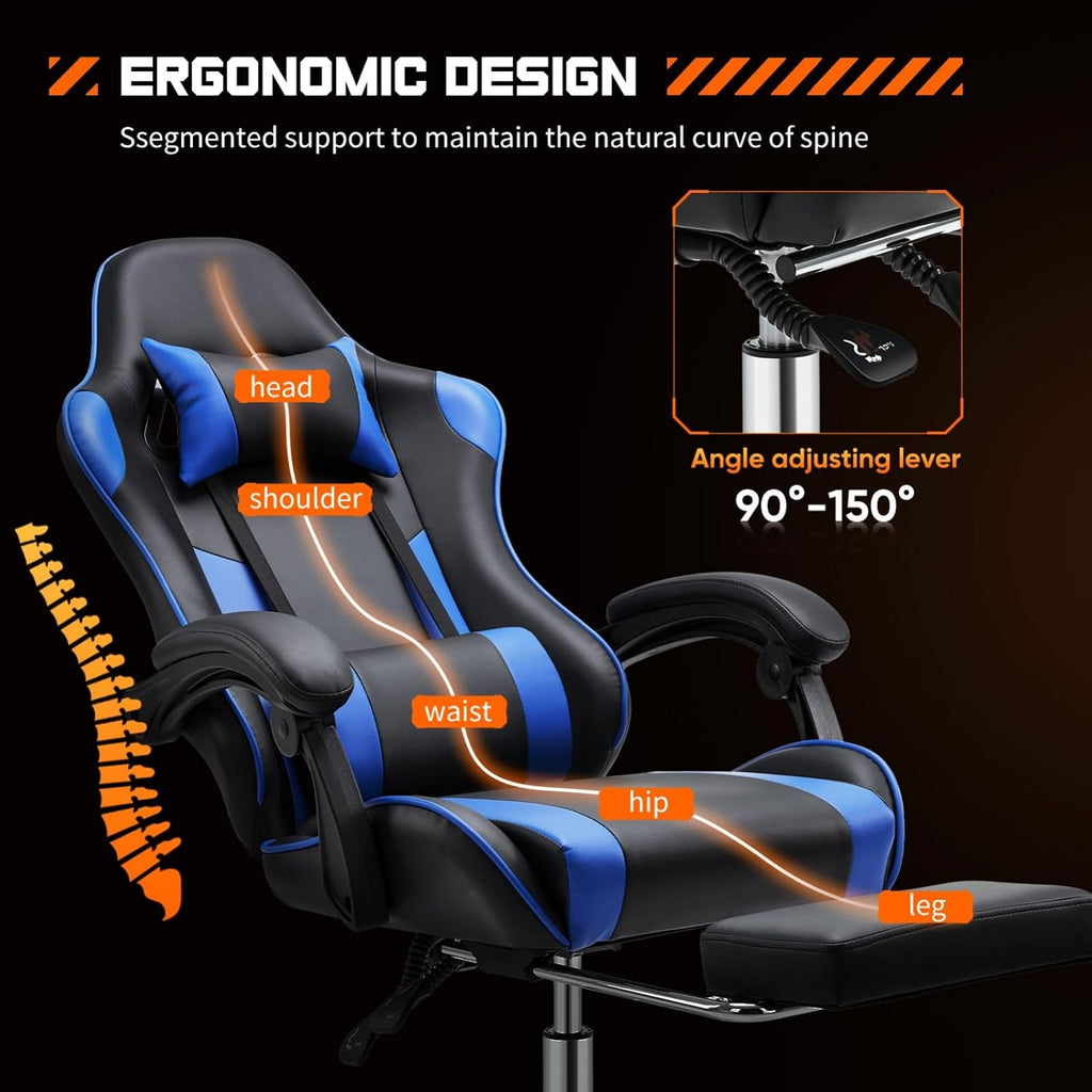 Heavy Duty Gaming Chair, Ergonomic Gamer Chair for Home Office with Footrest, Lumbar Support, Adjustable Backrest, Stable 360° Swivel Wheels for Adults, Professional Gamers and Teens, Blue